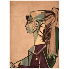 Style of Picasso, Oil on Cardboard, Side Facing Woman in Half Profile