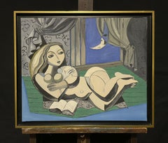Large French 20th Century Oil Nude Lady Reclining, in the Style of Picasso