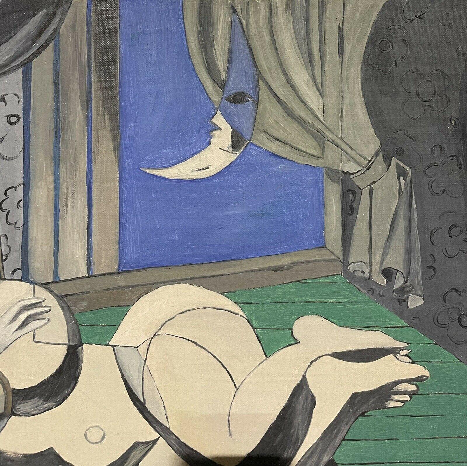 Large French 20th Century Oil Nude Lady Reclining, in the Style of Picasso For Sale 1