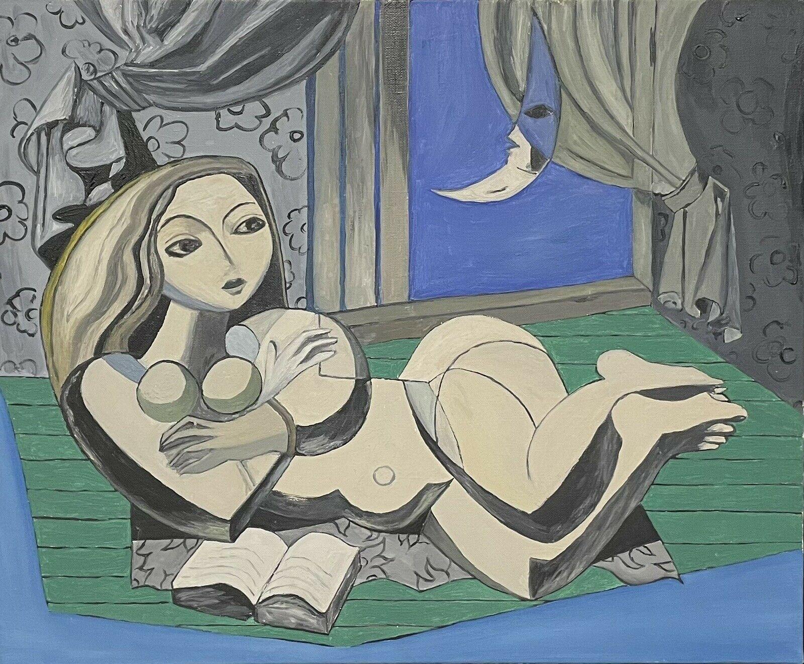 Large French 20th Century Oil Nude Lady Reclining, in the Style of Picasso