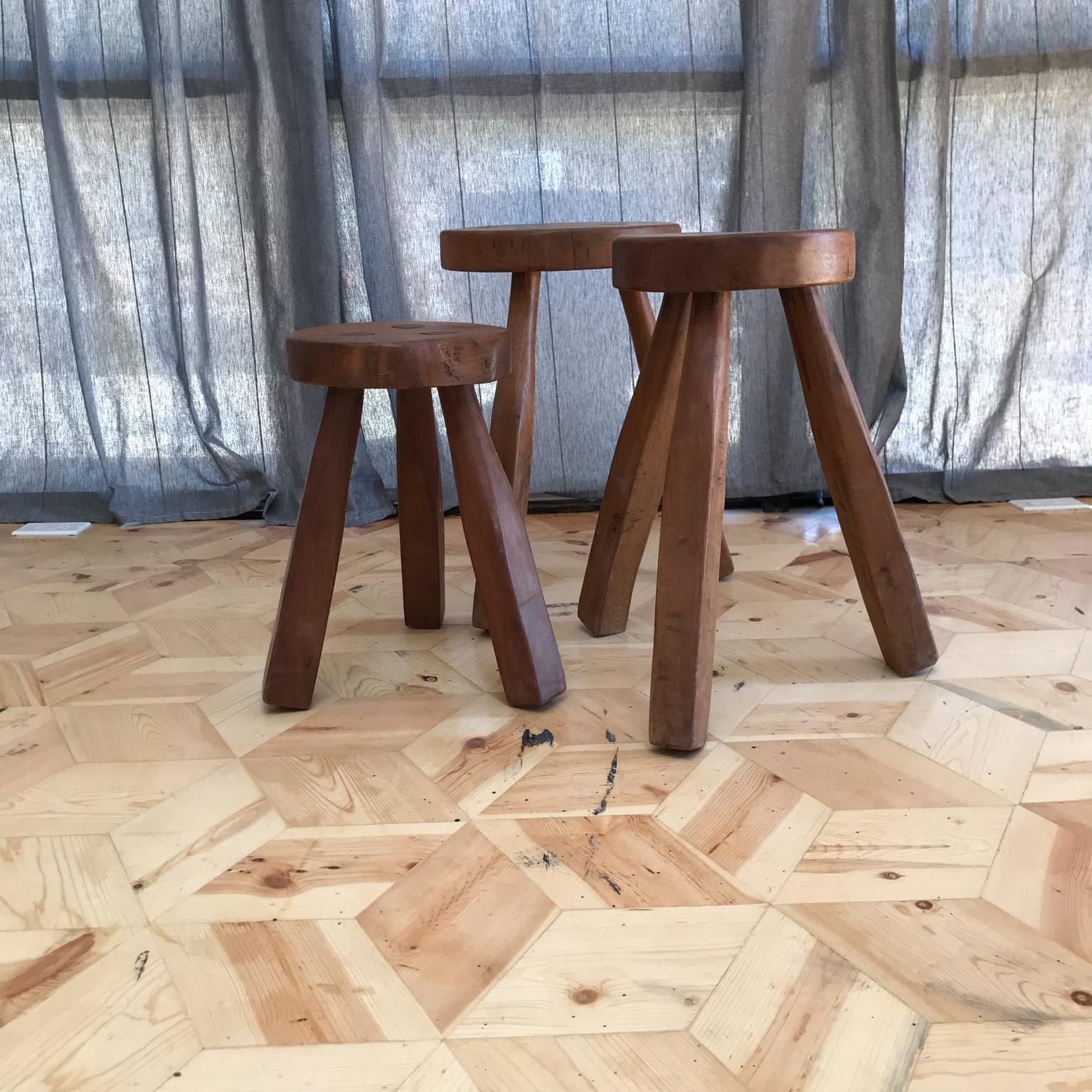Style of Pierre Jeanneret Three Legged Round Stools Solid Wood 