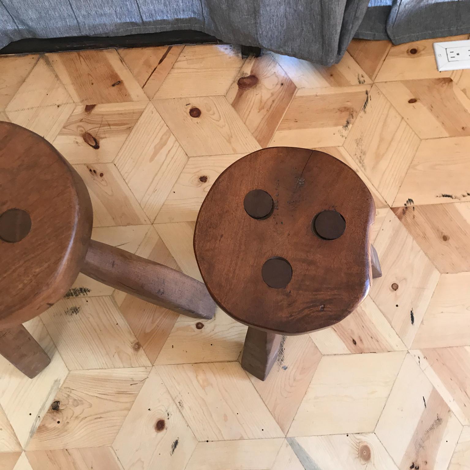 Style of Pierre Jeanneret Three Legged Round Stools Solid Wood, Set of 3 In Good Condition In Chula Vista, CA