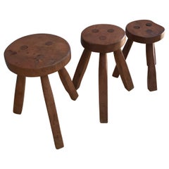 Style of Pierre Jeanneret Three Legged Round Stools Solid Wood, Set of 3