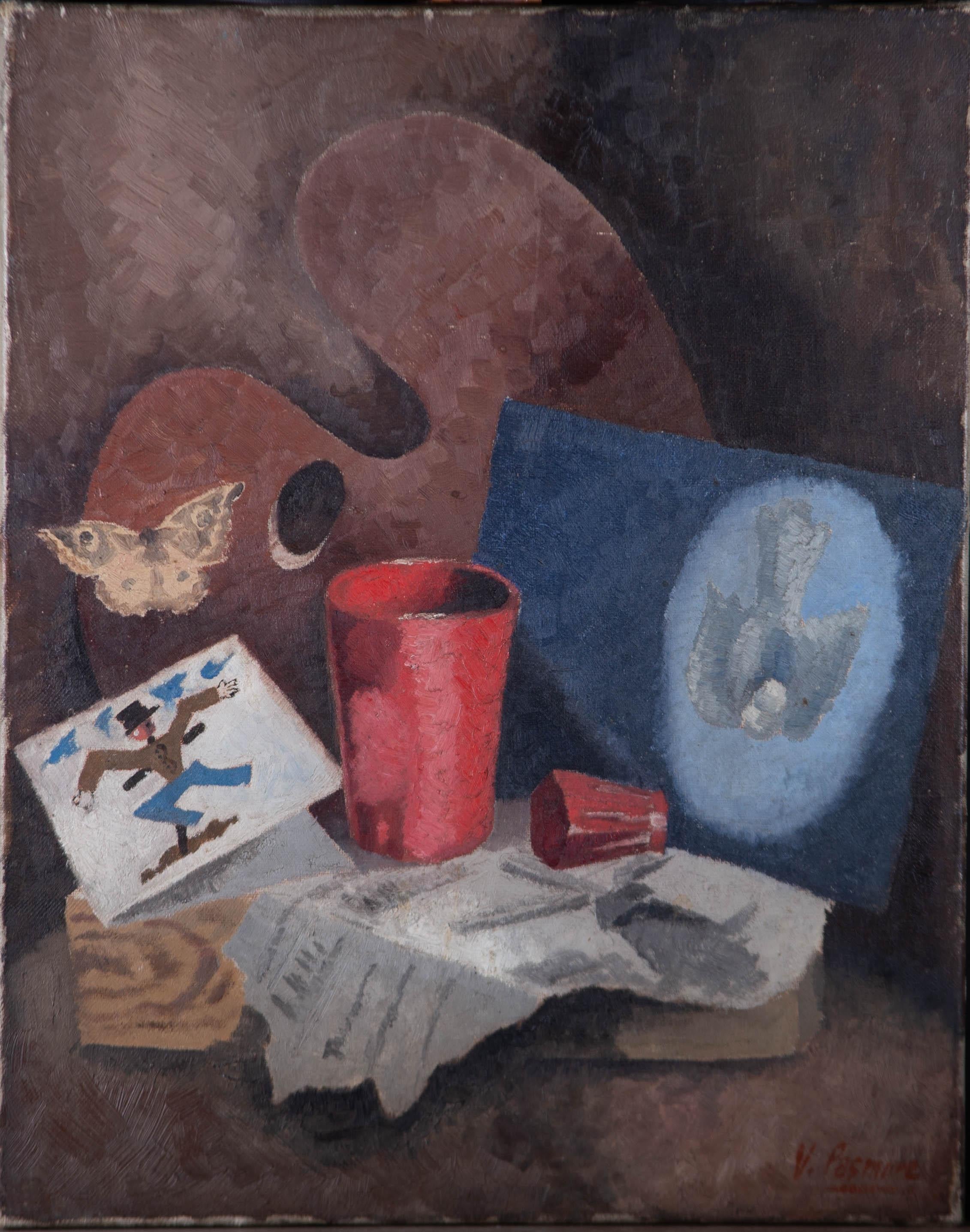 Style of Victor Pasmore CBE (1908â€“1998) - Mid 20thC Oil, Red Cup Still Life For Sale 1