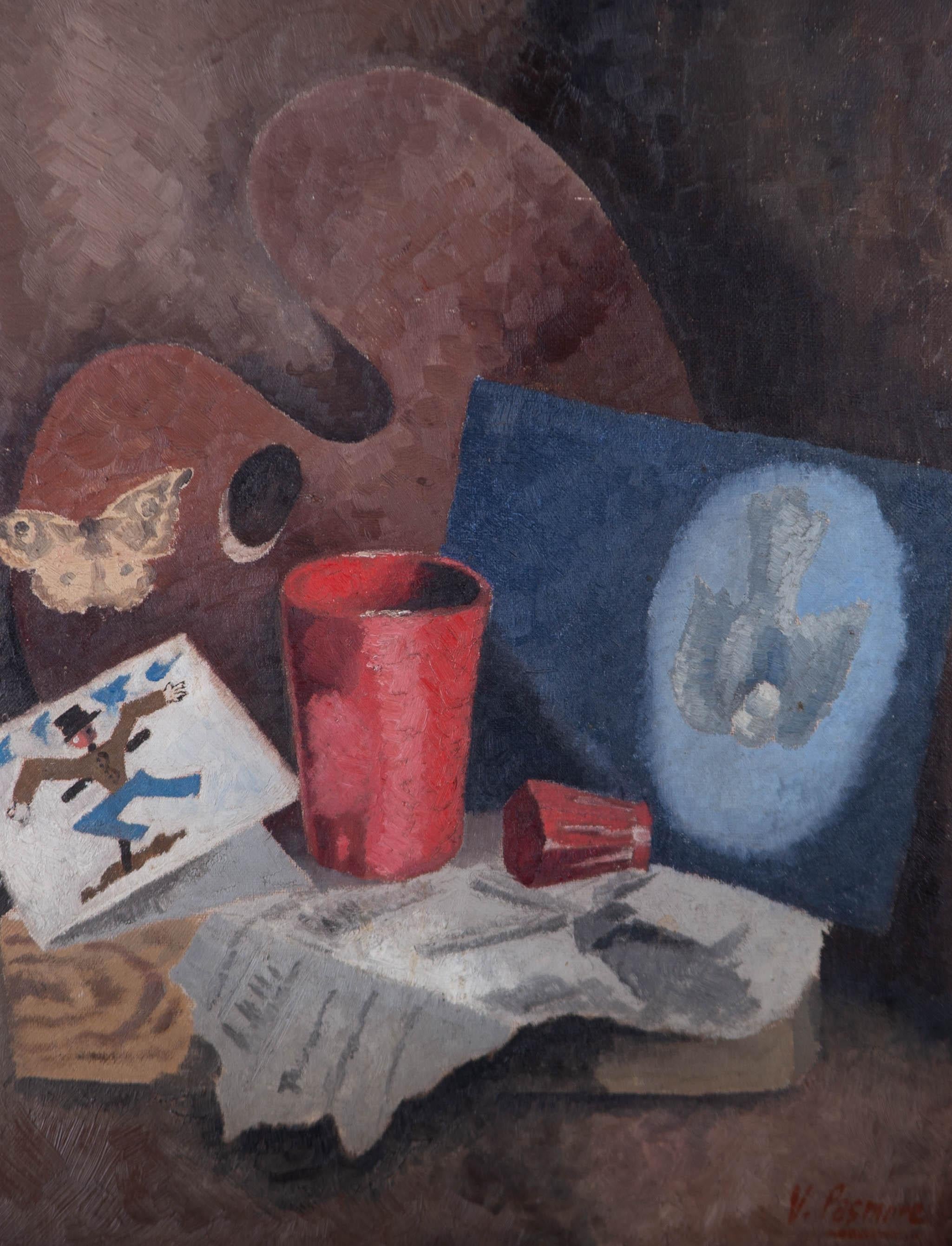 A truly fantastic still life in the style of the influential 20thC painter and architect, Victor Pasmore. The style, colour palette and themes match those of Pasmore's in the mid 1940s, shortly before his break into purely abstracted works. The