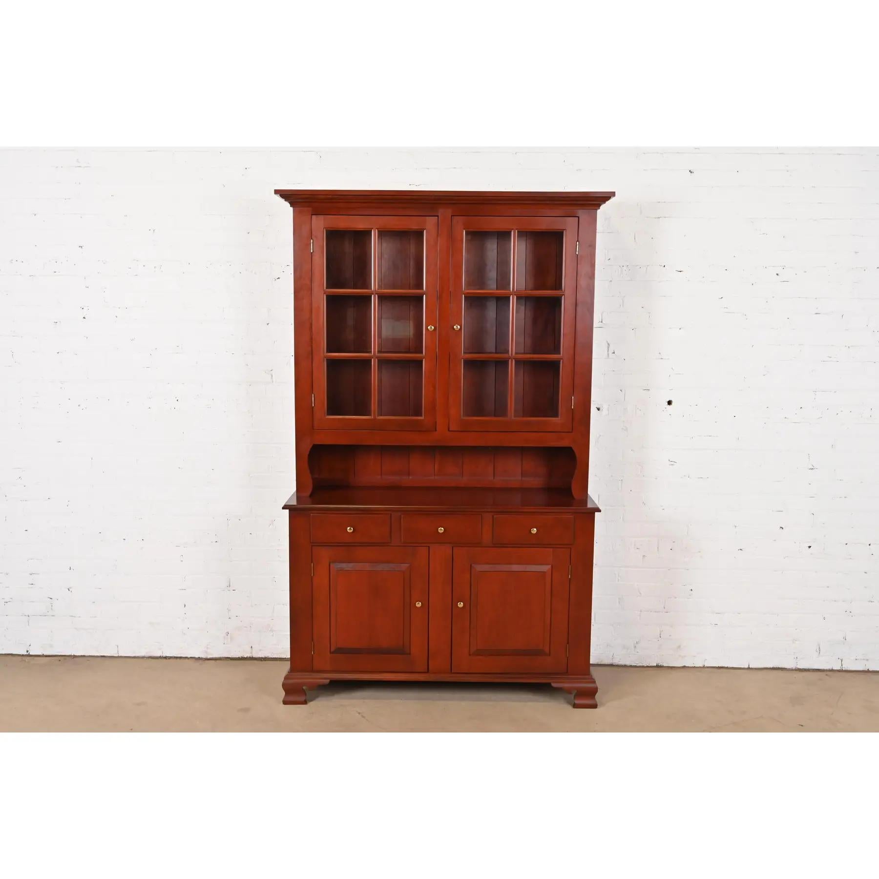 Georgian Style Shaker Solid Cherry Wood Lighted Breakfront Bookcase Cabinet