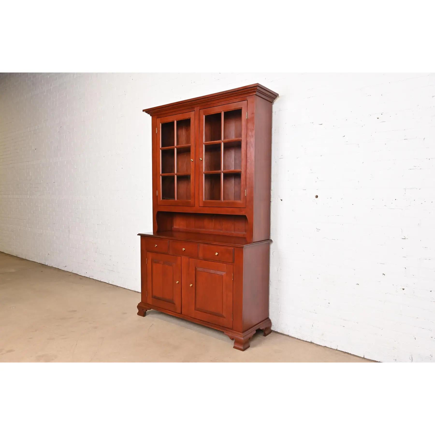 American Style Shaker Solid Cherry Wood Lighted Breakfront Bookcase Cabinet