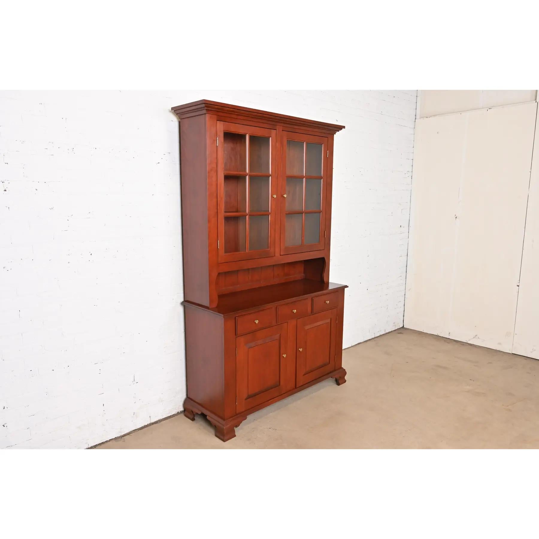 Style Shaker Solid Cherry Wood Lighted Breakfront Bookcase Cabinet In Good Condition In South Bend, IN