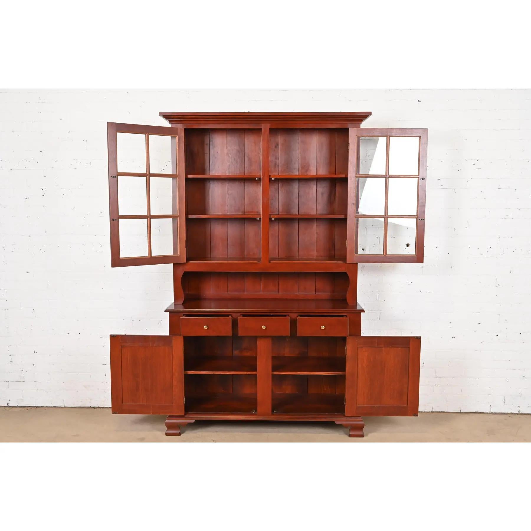 20th Century Style Shaker Solid Cherry Wood Lighted Breakfront Bookcase Cabinet
