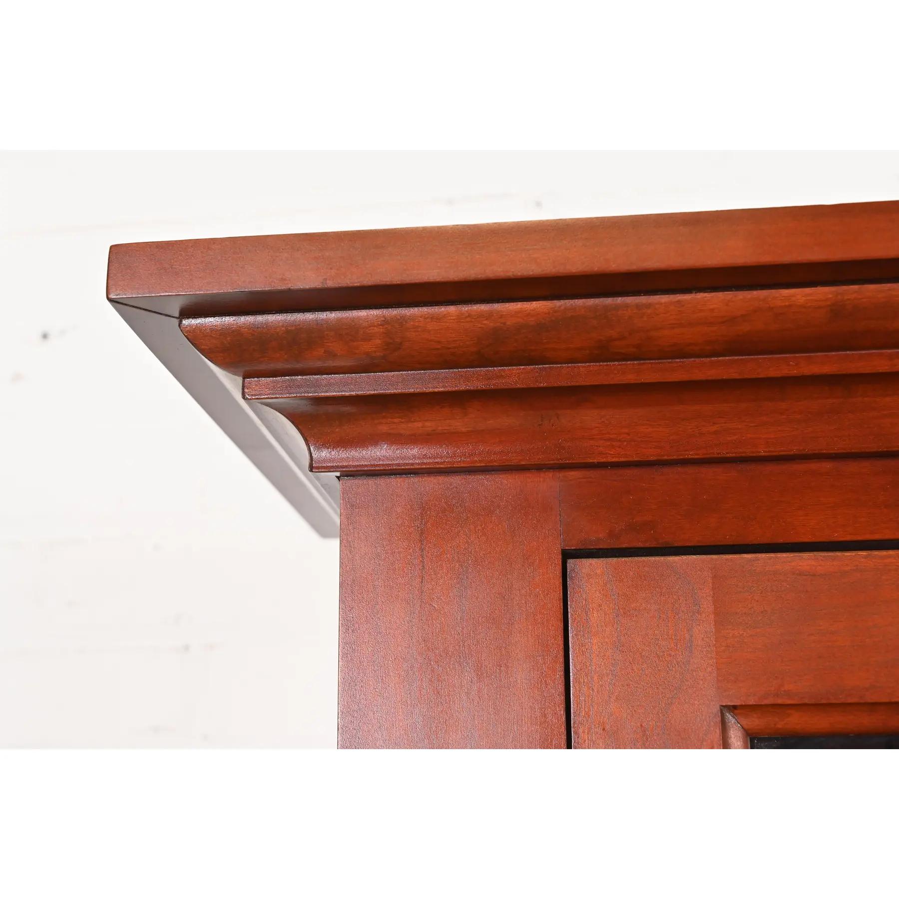 Brass Style Shaker Solid Cherry Wood Lighted Breakfront Bookcase Cabinet