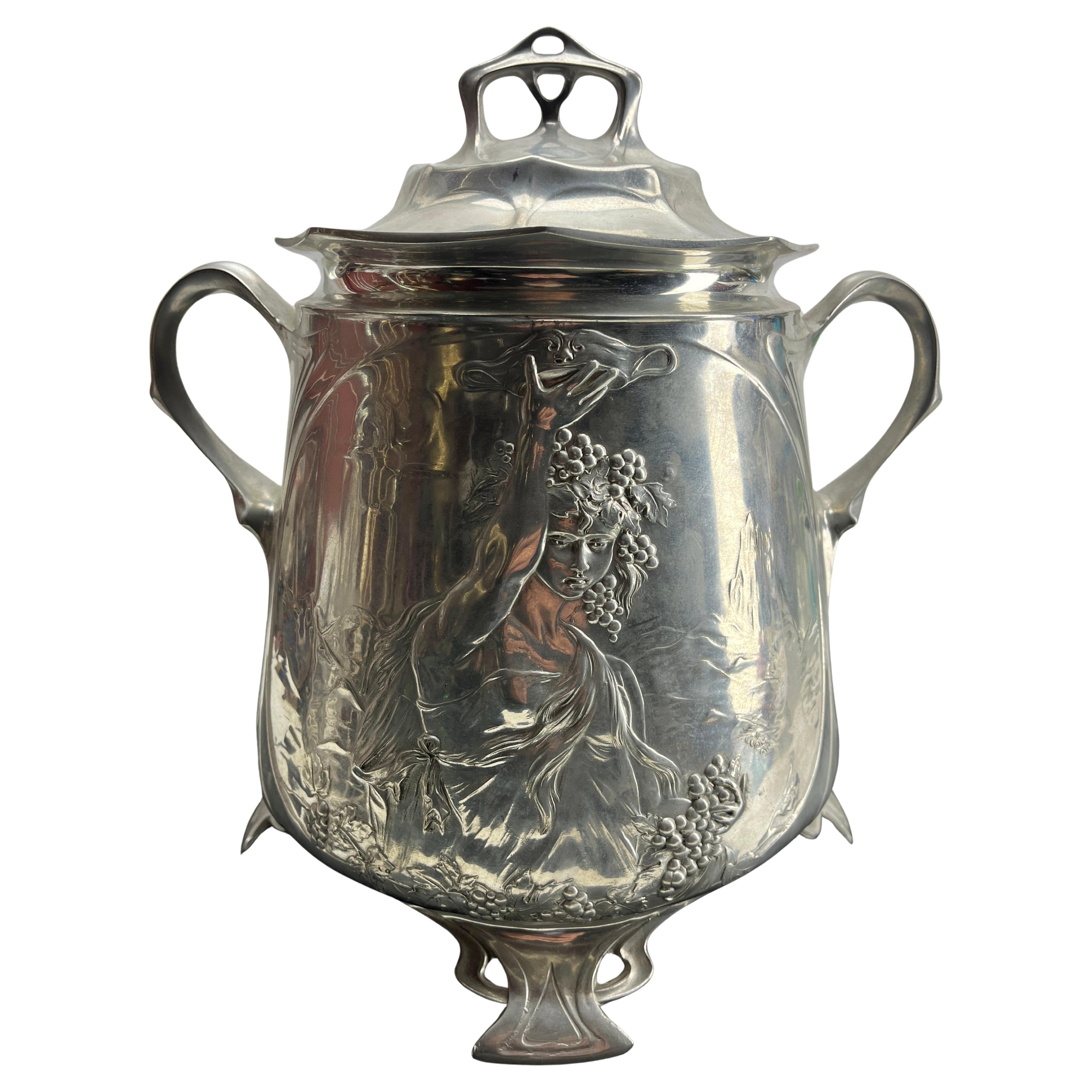 Style WMF Art Nouveau Punch Bowl Pewter with Levers and Organic Details