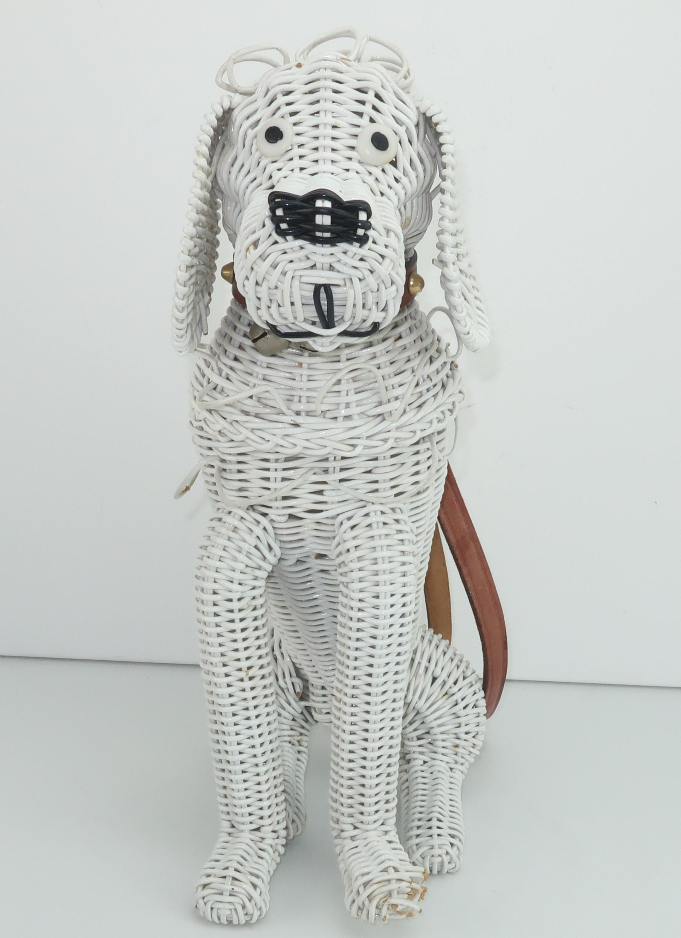 Adorable 1950's laminated white wicker handbag by Stylecraft of Miami in the shape of a poodle with leather collar and leash functioning as a handle.  The wicker is cleverly looped to create the look of poodle curls and the collar is decorated with