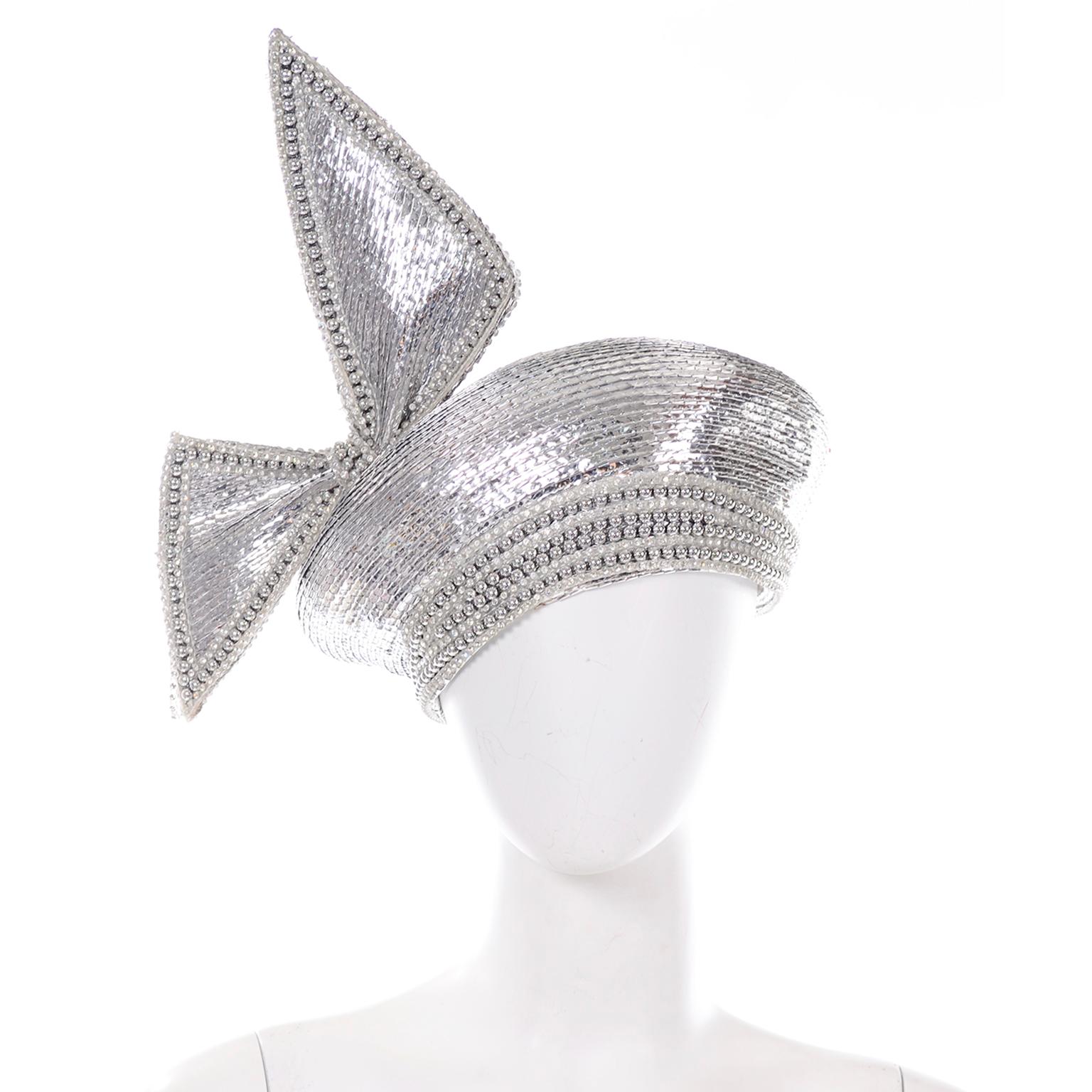 Women's Styled By Jack McConnell Red Feather Vintage Silver Bead Turban Hat W Bow