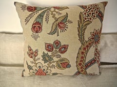 Stylised Floral Linen Pillow, French, 19th Century