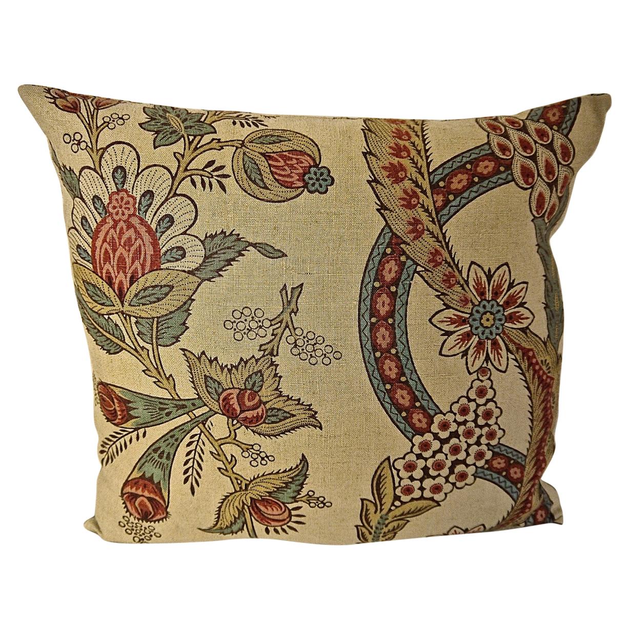 Stylised Floral Linen Pillow, French, 19th Century For Sale