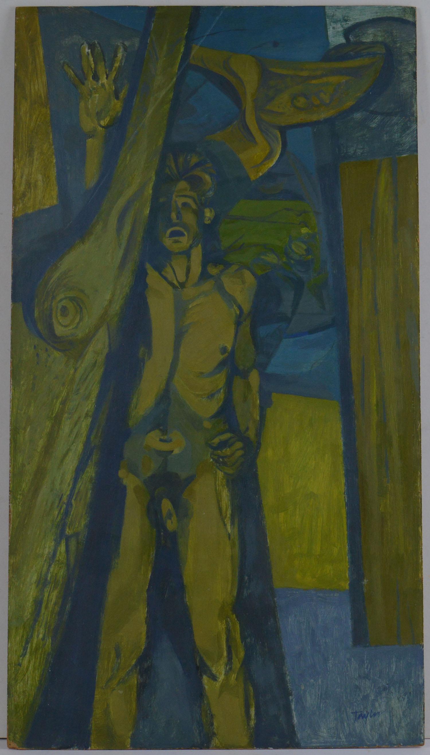 Great stylized male nude in the manner of Keith Vaughan

Oil on board.

Unframed

Signed bottom right.

