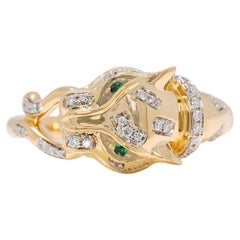 Stylish 0.22ct Emerald & Natural Diamond Panther Ring in 18K Yellow Gold