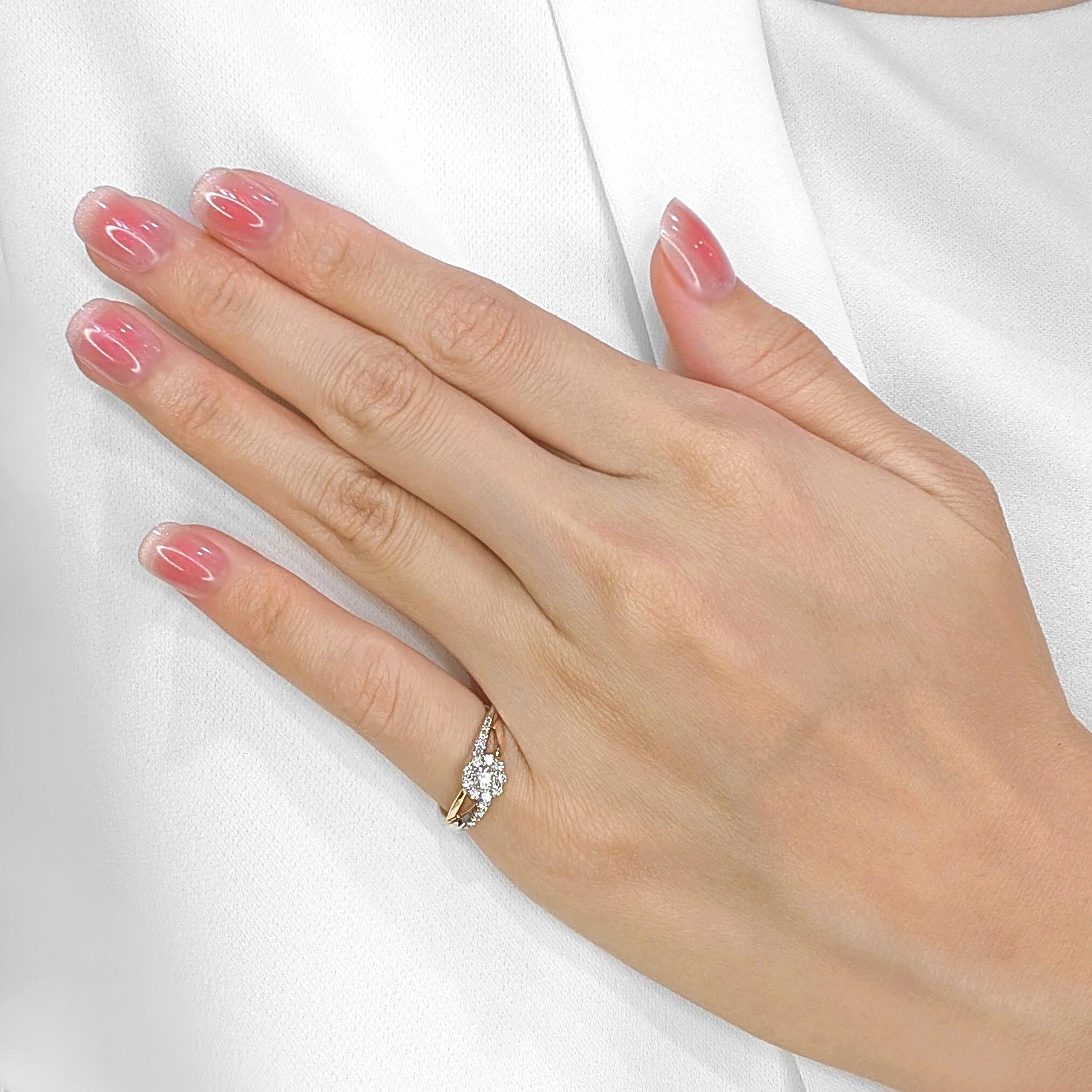 Designed to impress, this stylish two-toned gold ring showcases an exquisite arrangement of 18 round brilliant diamonds, totaling 0.35ct. The fusion of warm yellow gold and sleek white gold creates a modern yet timeless appeal, elevating the