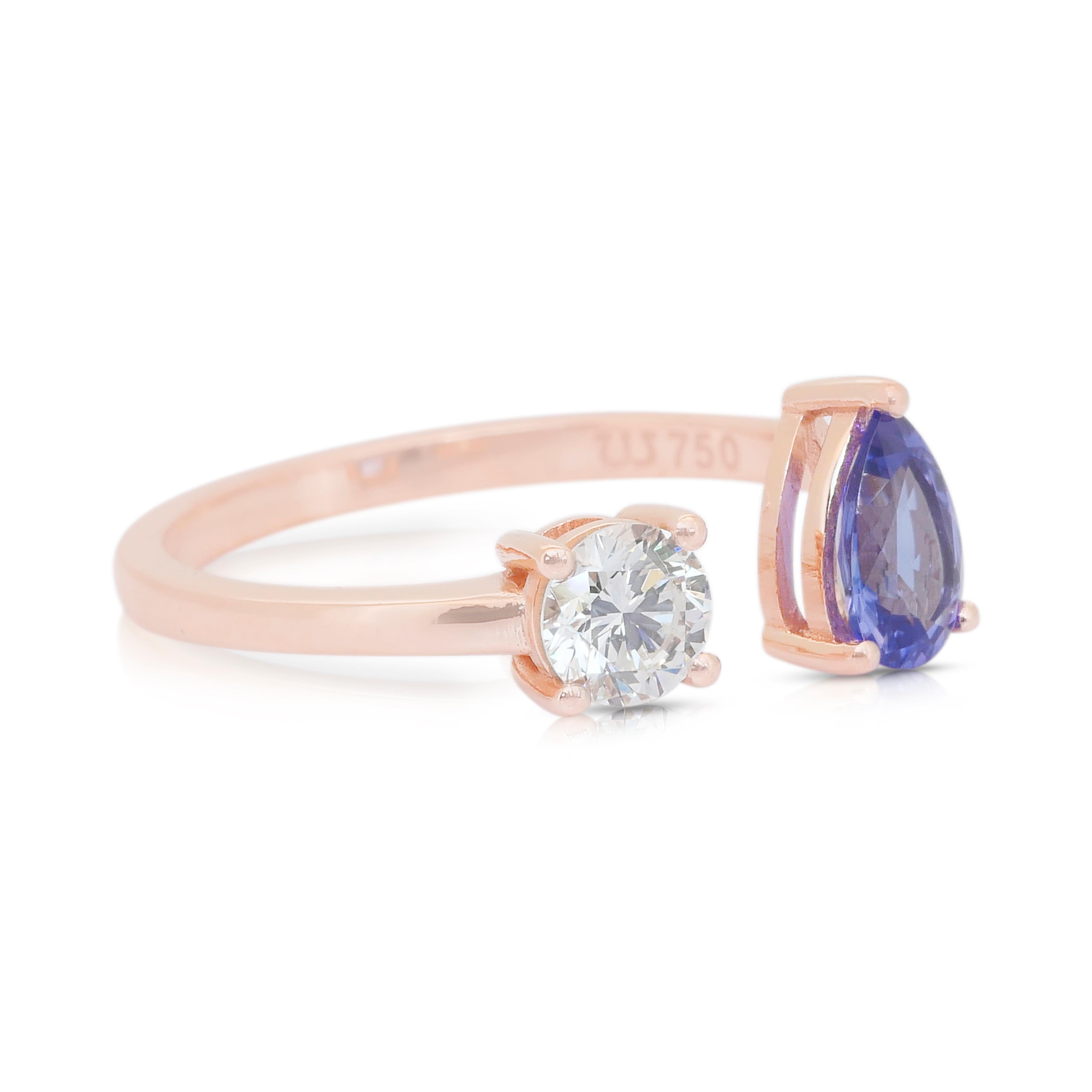 Taille poire Élégante bague à deux pierres en or rose 18 carats avec tanzanite et diamant de 1,00ct en vente