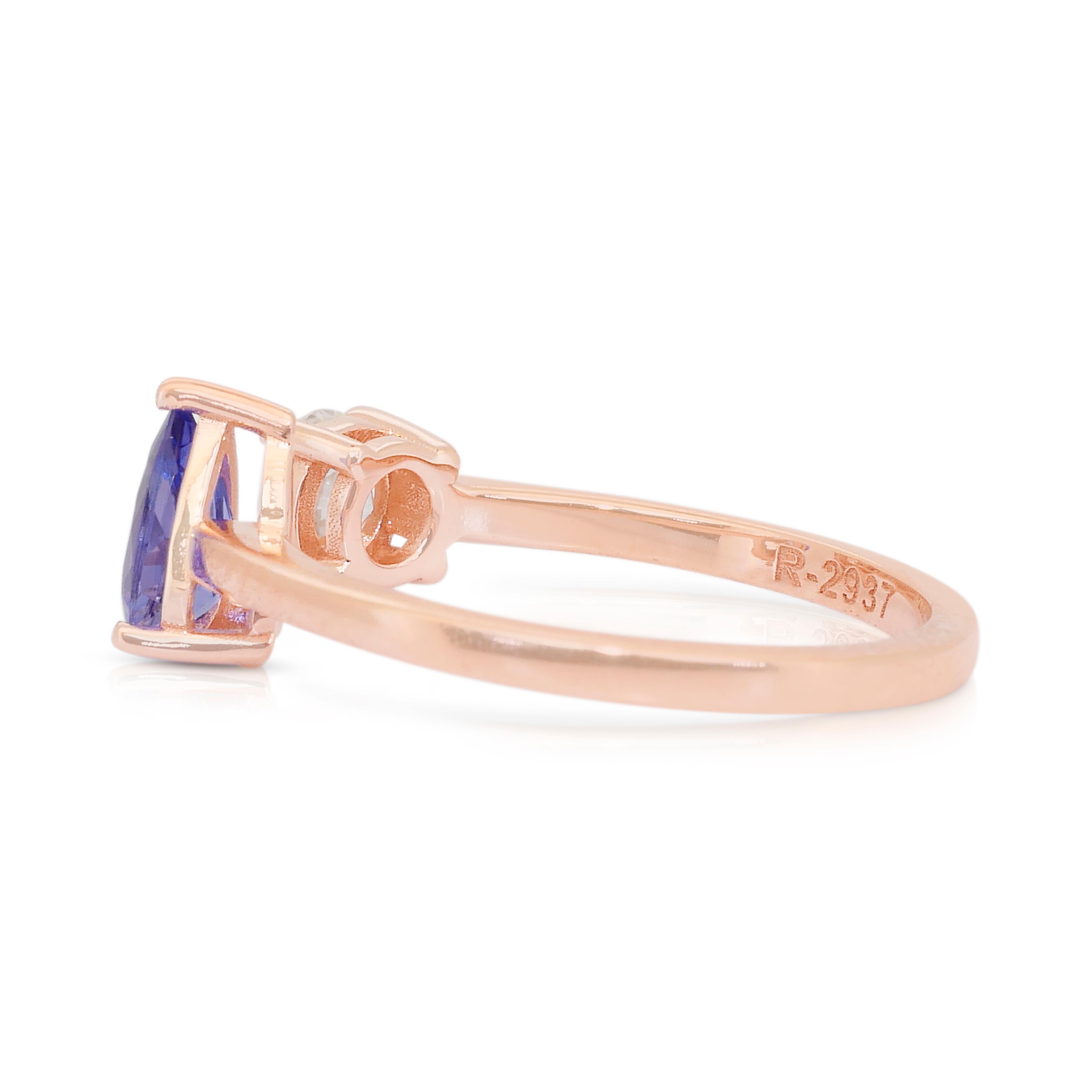Élégante bague à deux pierres en or rose 18 carats avec tanzanite et diamant de 1,00ct Neuf - En vente à רמת גן, IL