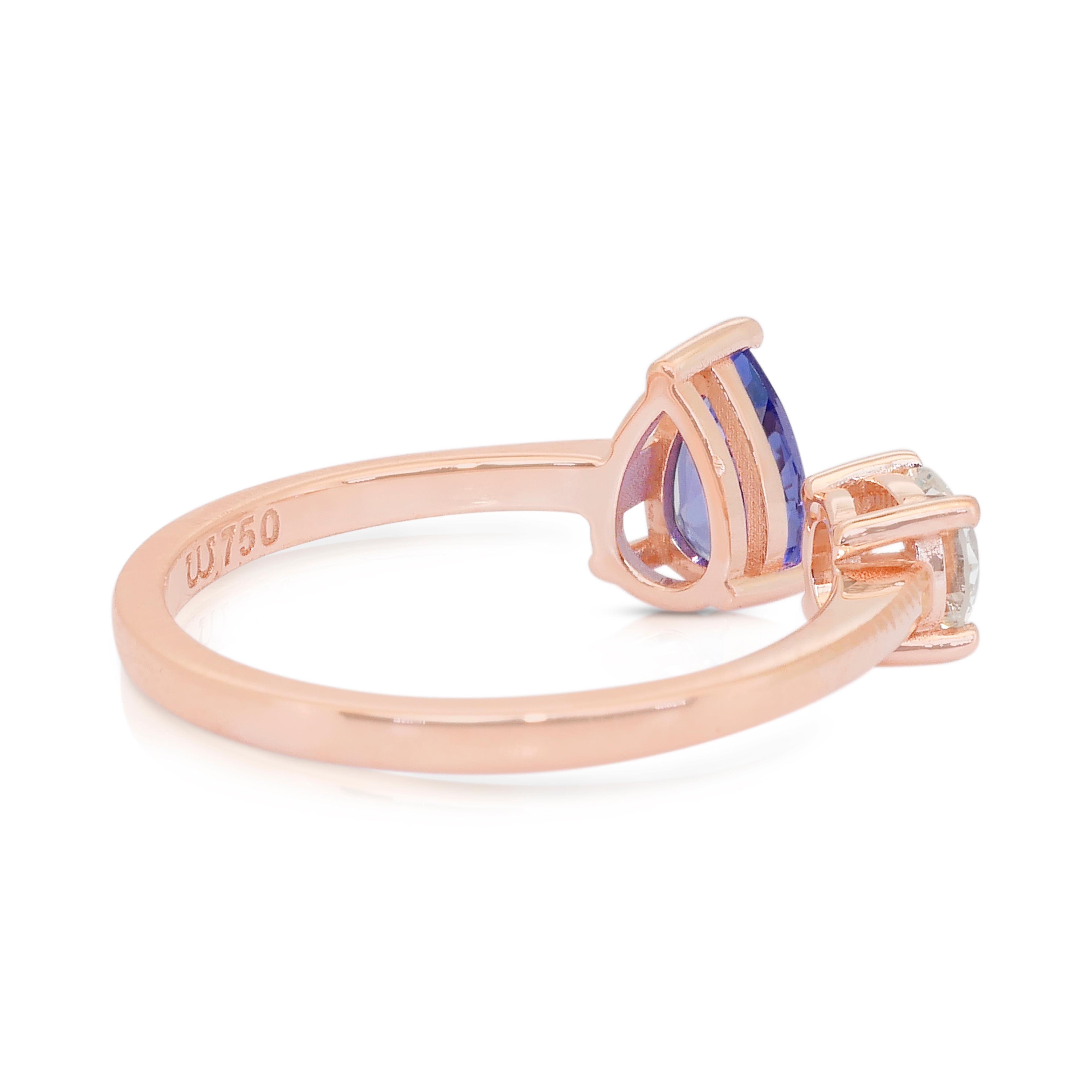 Élégante bague à deux pierres en or rose 18 carats avec tanzanite et diamant de 1,00ct en vente 1