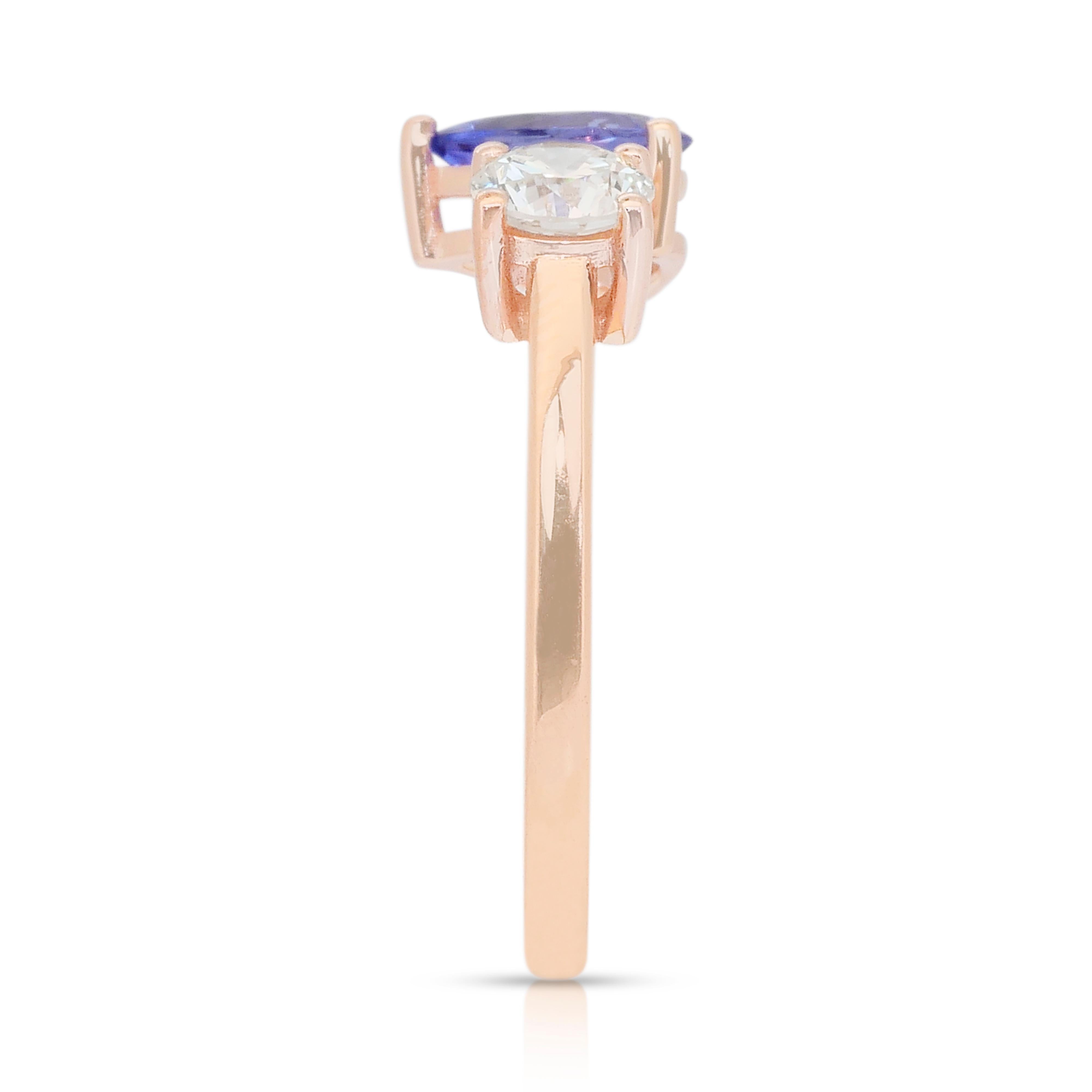 Élégante bague à deux pierres en or rose 18 carats avec tanzanite et diamant de 1,00ct en vente 2