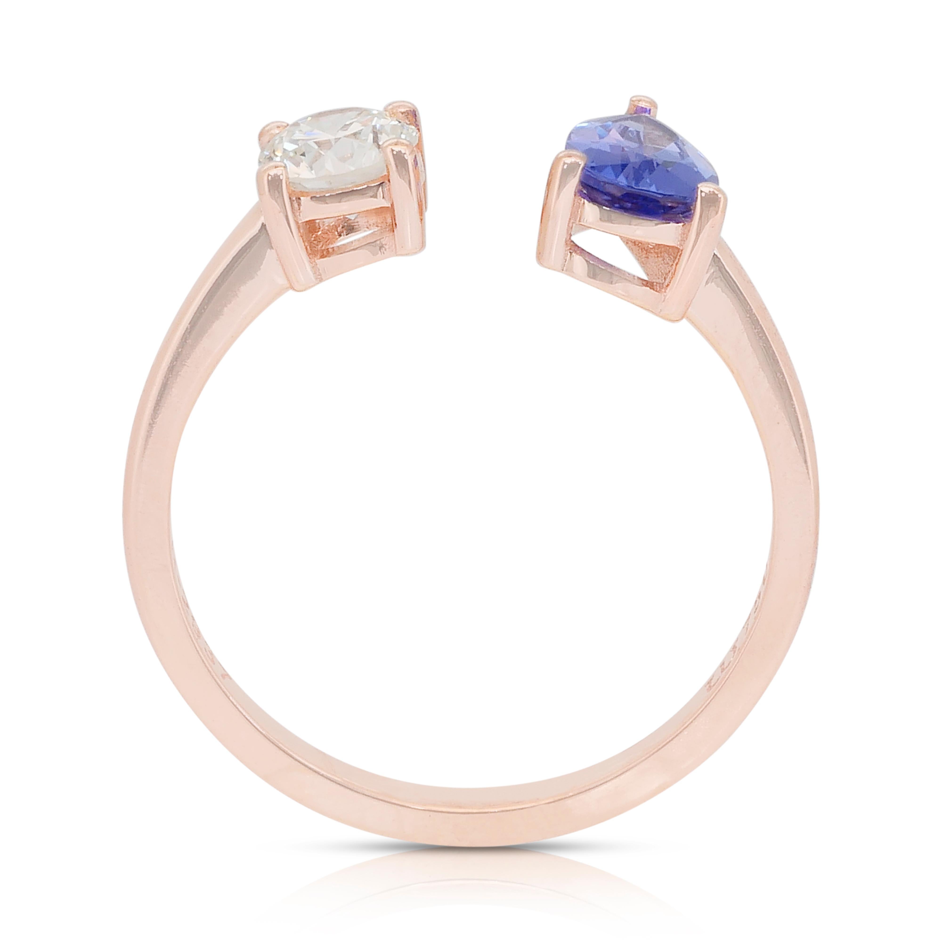 Élégante bague à deux pierres en or rose 18 carats avec tanzanite et diamant de 1,00ct en vente 4