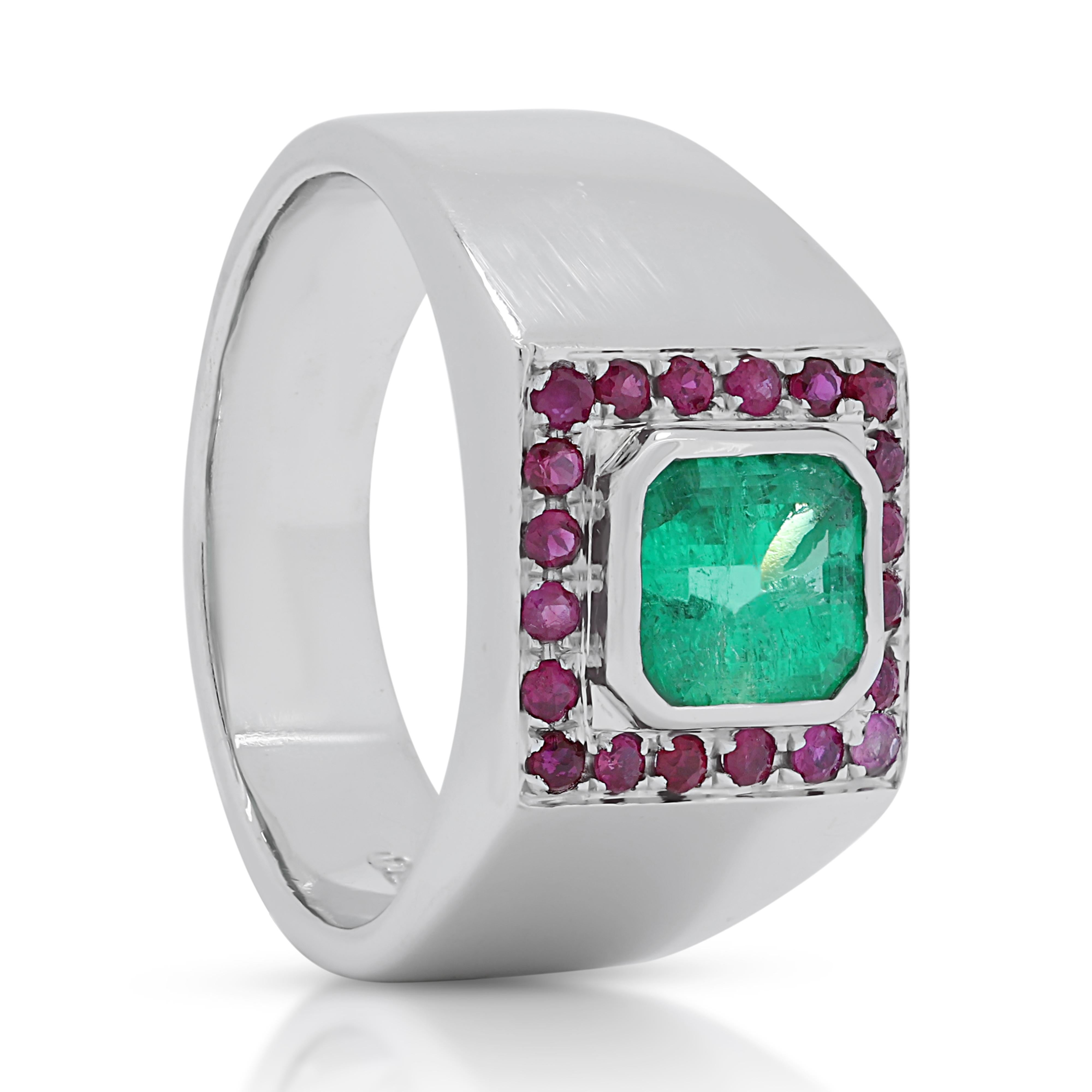 Stylish 1.05ct Emerald Dome Ring in 18K White Gold with Rubies For Sale 2
