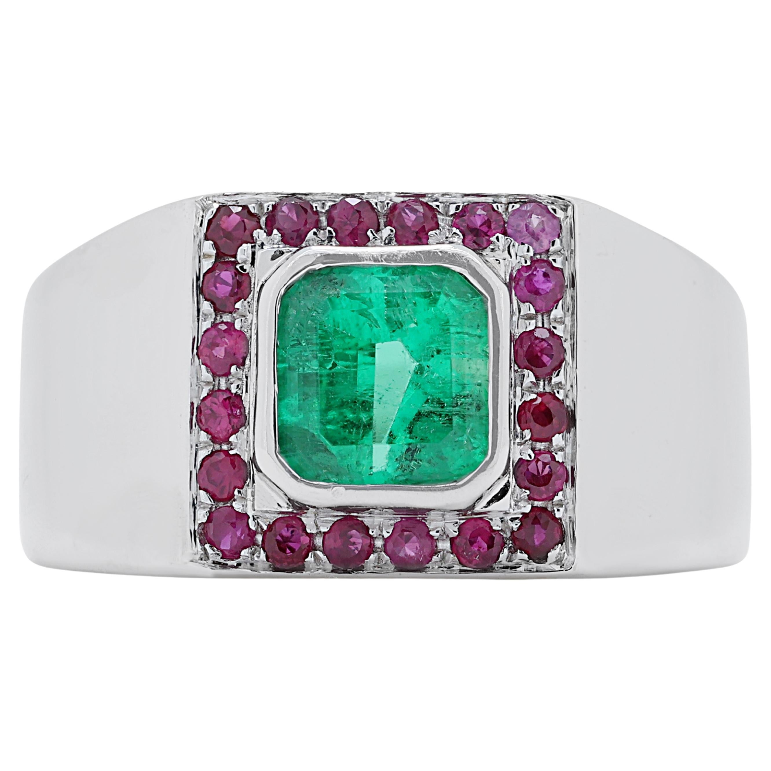 Stylish 1.05ct Emerald Dome Ring in 18K White Gold with Rubies