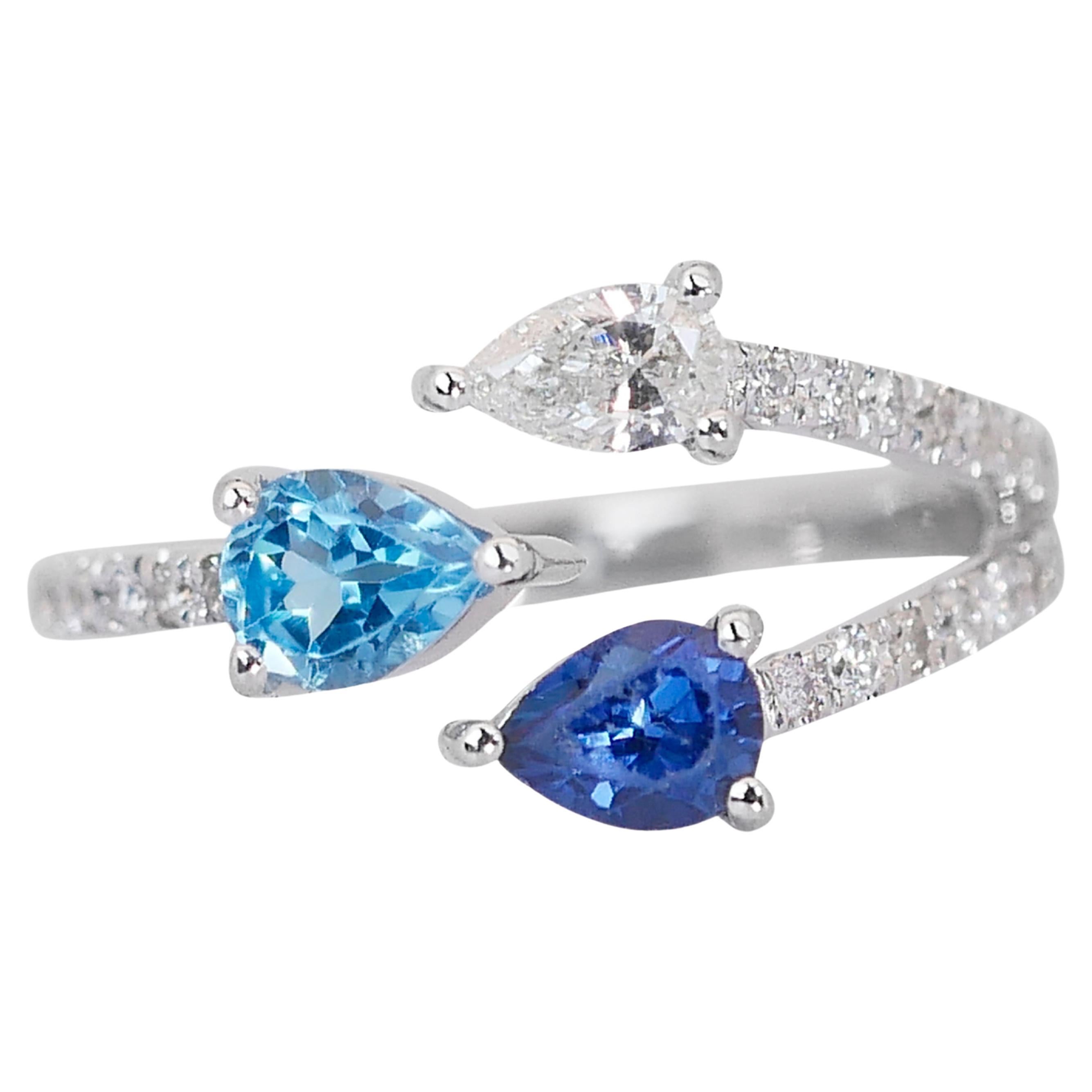 Stylish 1.07ct Topaz, Sapphire & Diamond Fancy-Colored Ring in 14k White Gold