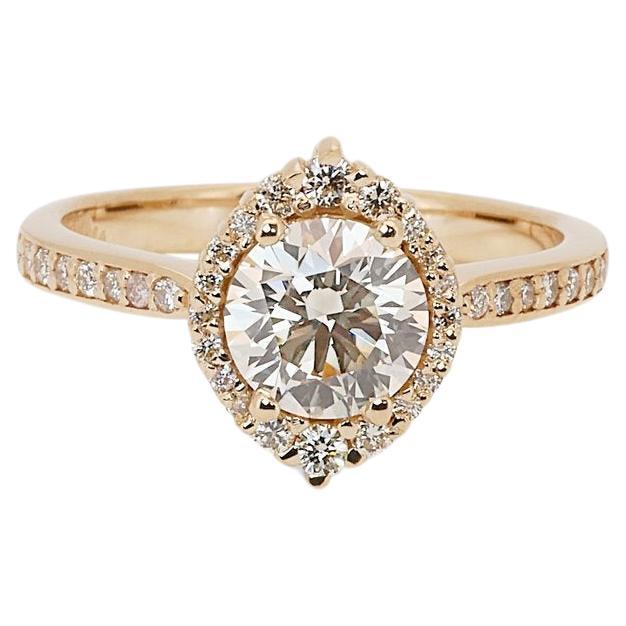 Stylish 1.12ct Triple Excellent Ideal Cut Diamonds Halo Ring in 18k Yellow Gold