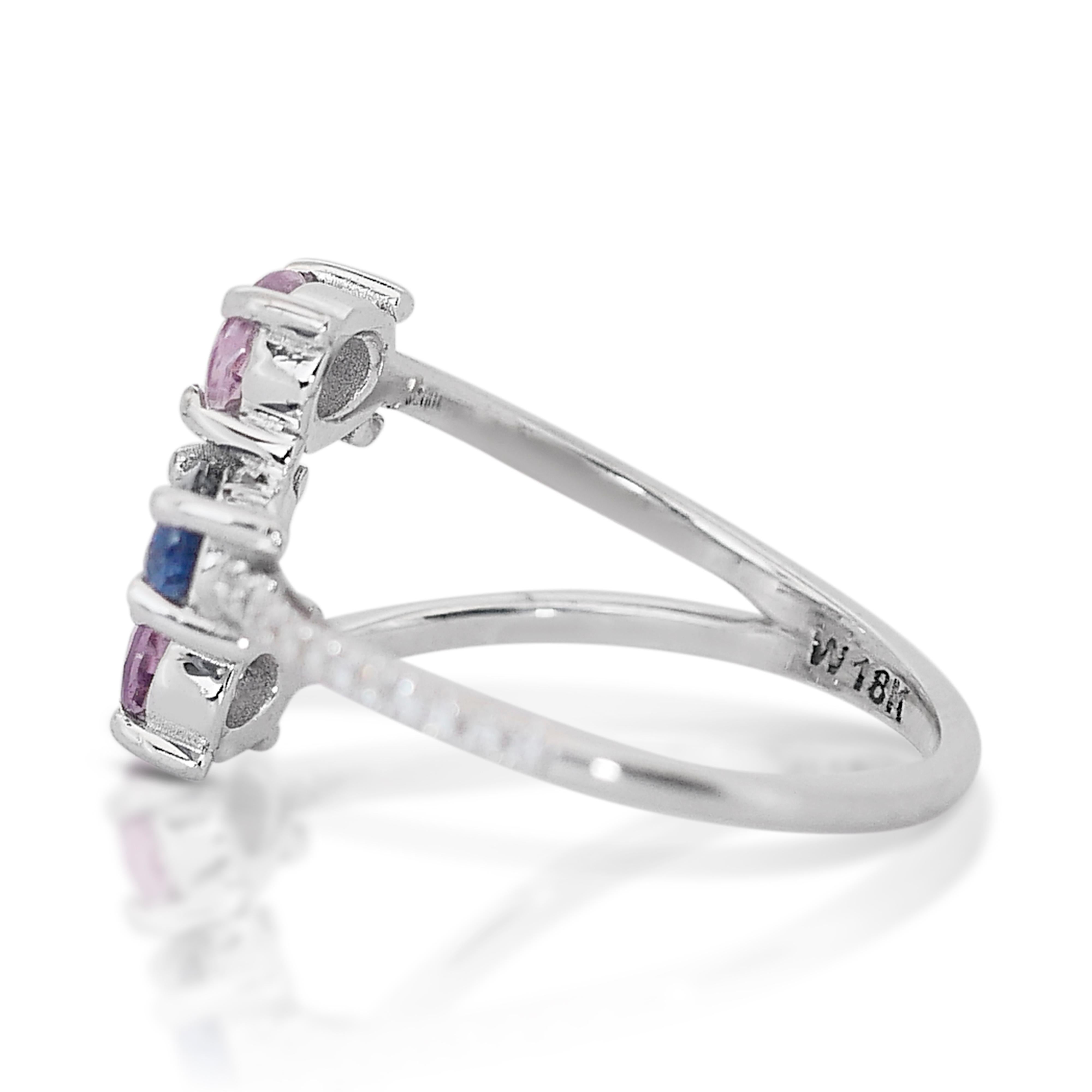 Stylish 1.17ct Sapphires and Diamonds Fancy-Colored Ring in 18k White Gold - IGI Certified

Discover the enchanting harmony of colors with this fancy-colored ring, a delicate fusion of elegance and vibrant hues. This exquisite piece features a