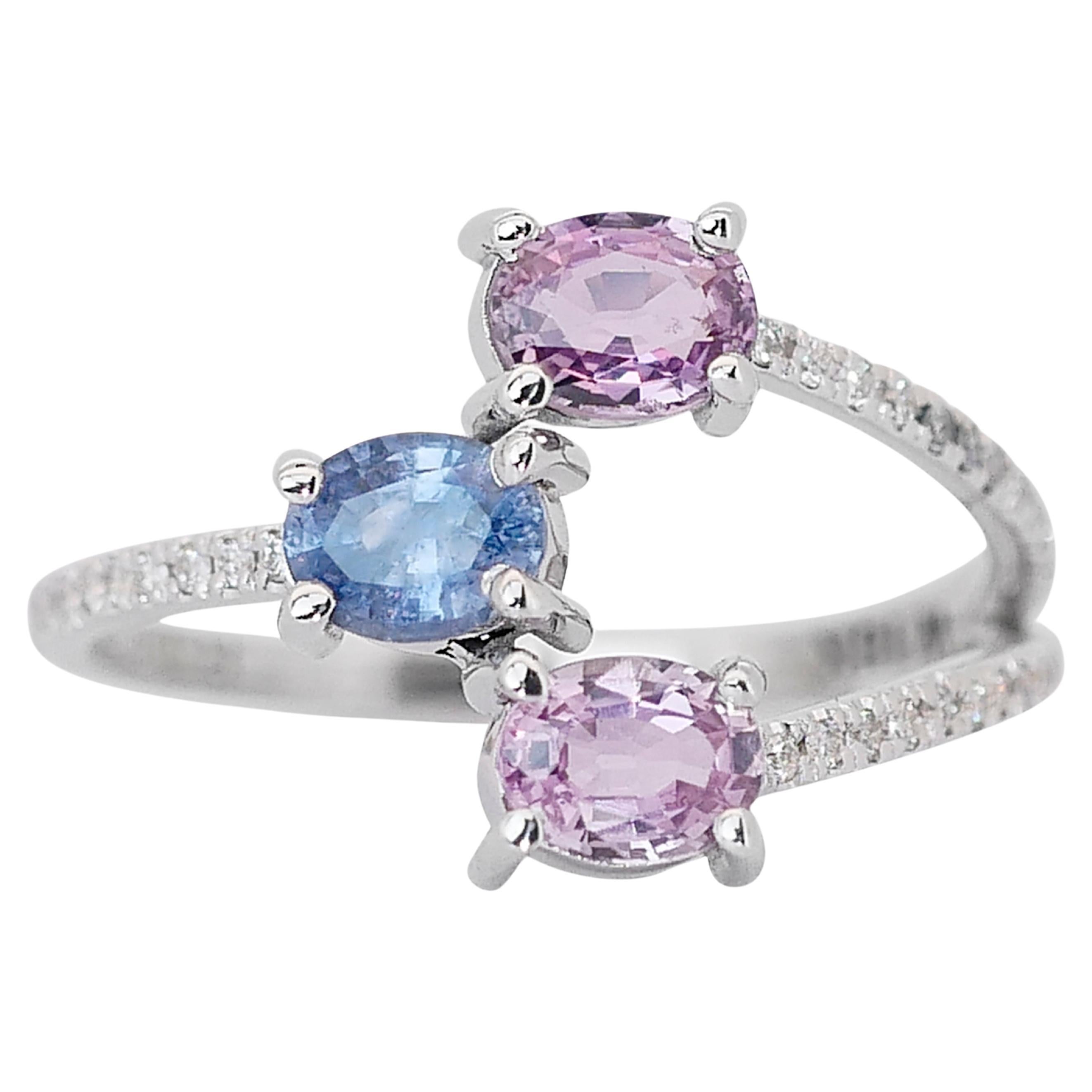 Stylish 1.17ct Sapphires and Diamonds Fancy-Colored Ring in 18k White ...