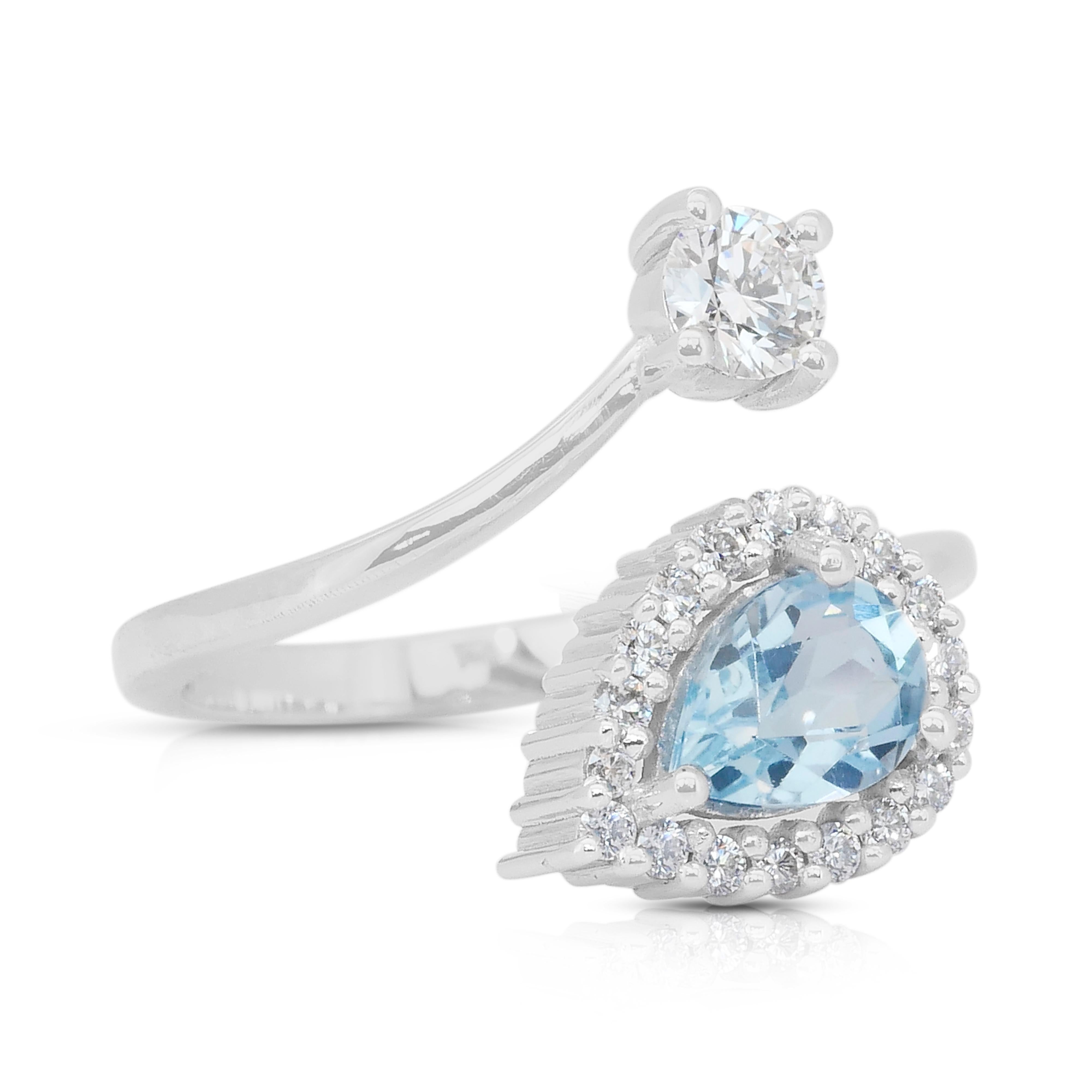 Taille poire Bague élégante en or blanc 14k avec topaze et diamants de 1,20ct - Certifiée IGI en vente