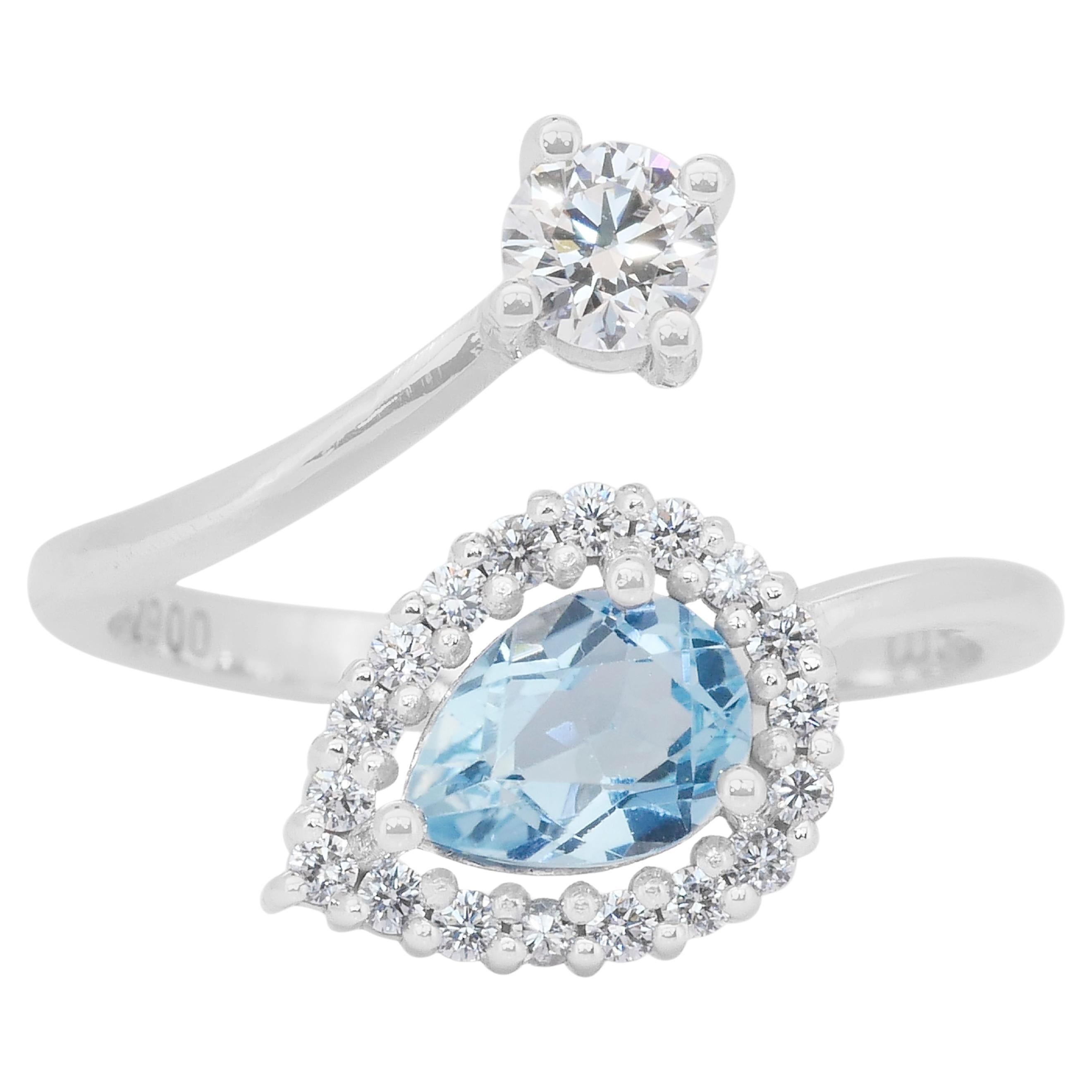 Bague élégante en or blanc 14k avec topaze et diamants de 1,20ct - Certifiée IGI en vente