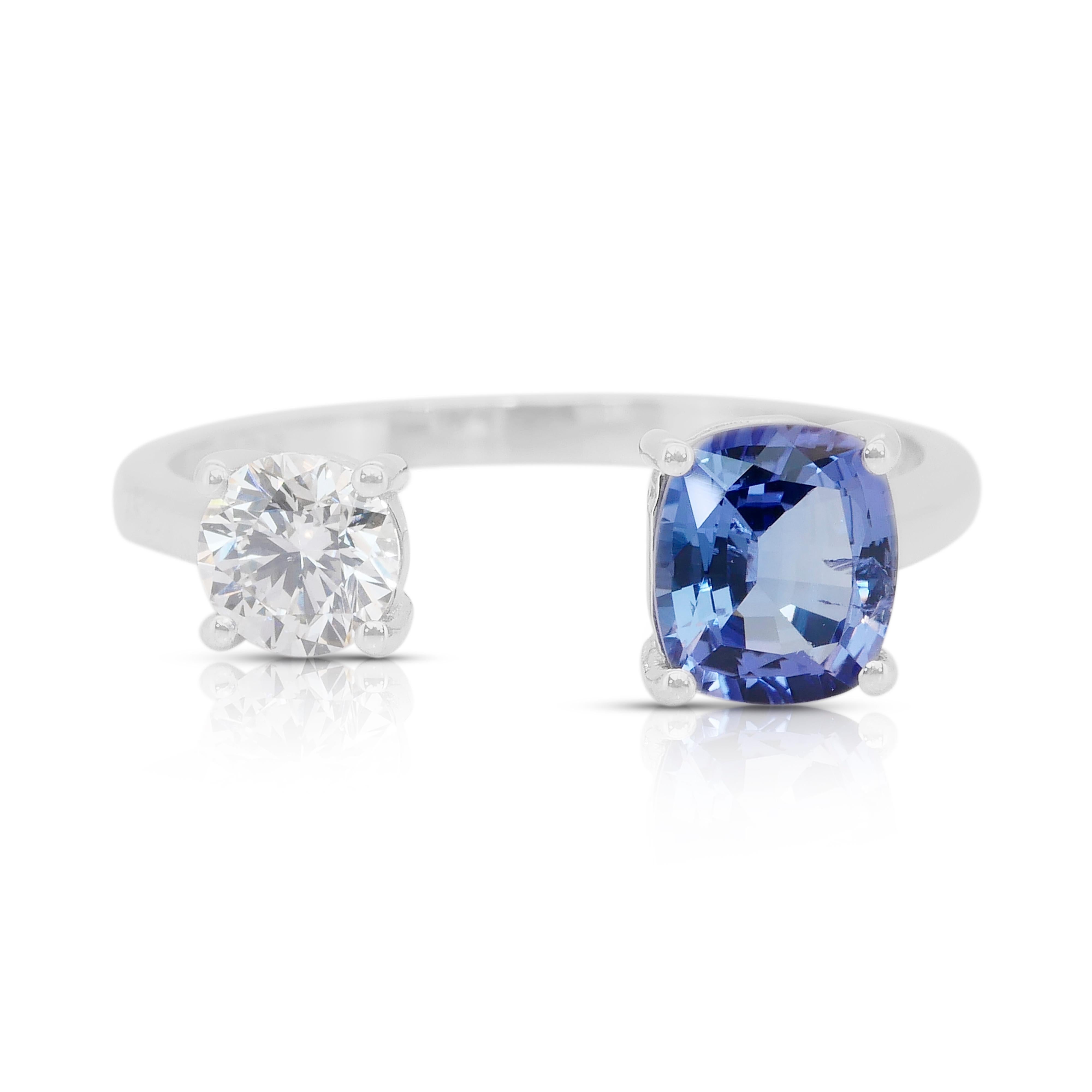 Elegante Anillo de 2 Piedras de Oro Blanco de 18 quilates con Tanzanita y Diamante de 1,46 quilates Corte cojín en venta