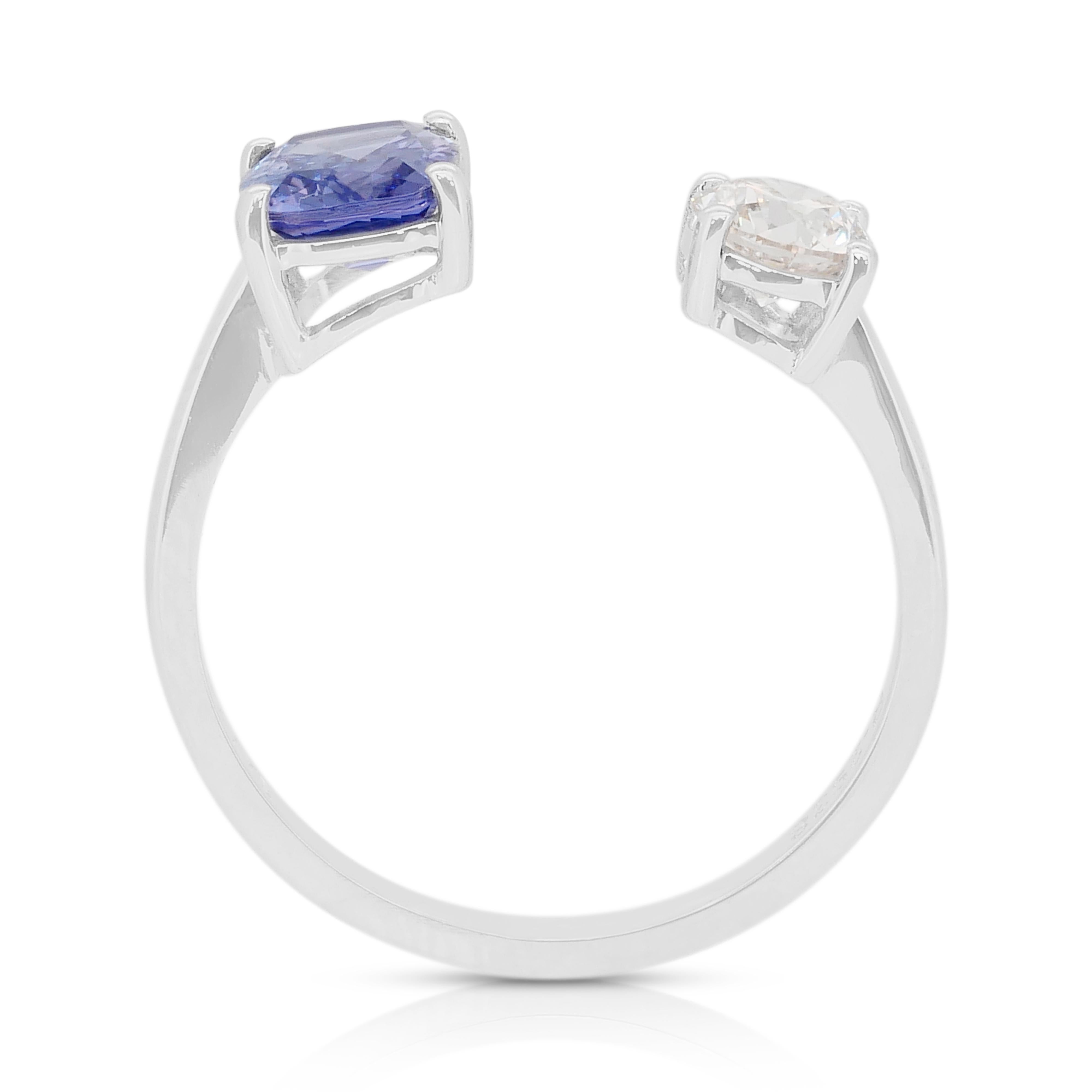 Elegante Anillo de 2 Piedras de Oro Blanco de 18 quilates con Tanzanita y Diamante de 1,46 quilates en venta 2