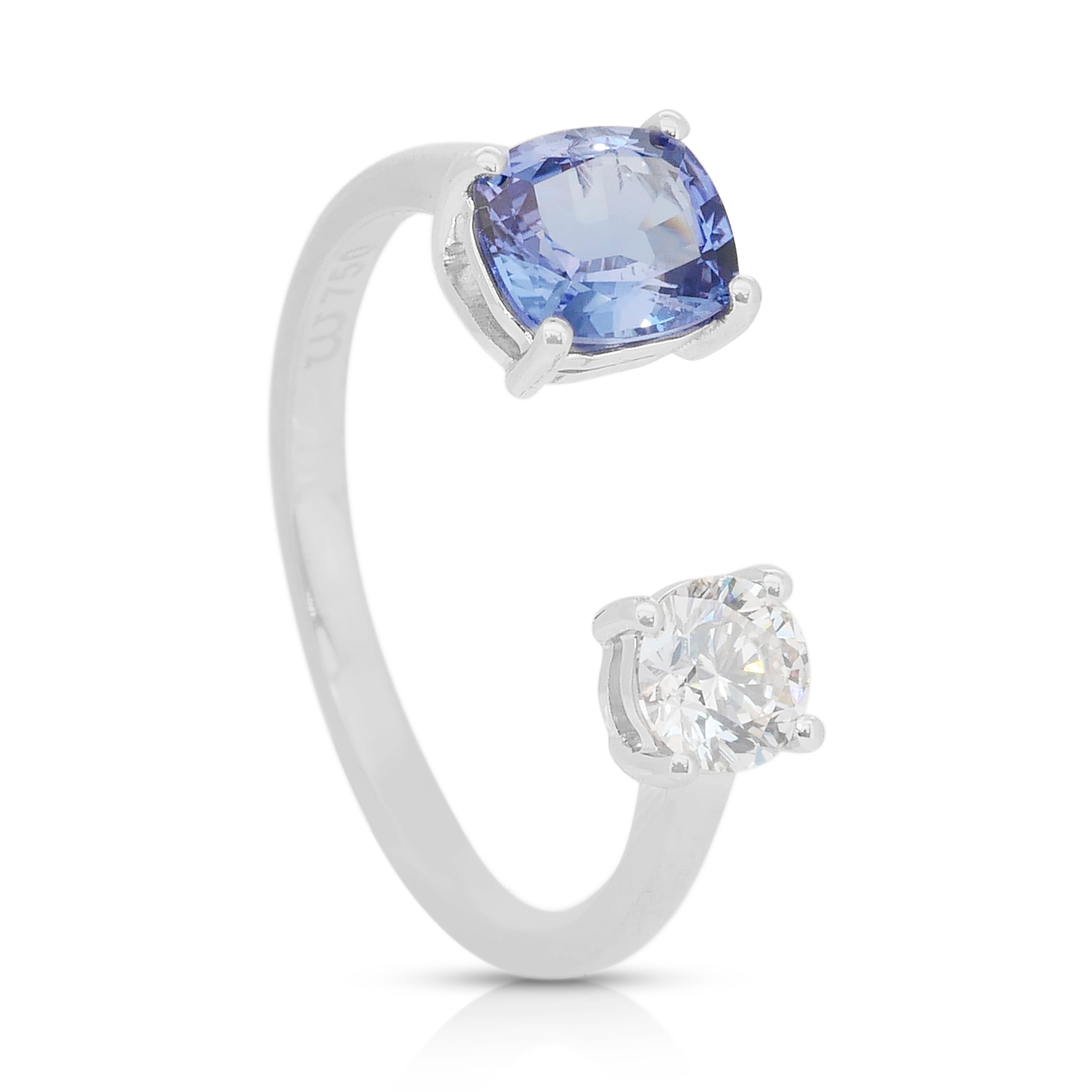 Elegante Anillo de 2 Piedras de Oro Blanco de 18 quilates con Tanzanita y Diamante de 1,46 quilates en venta 4