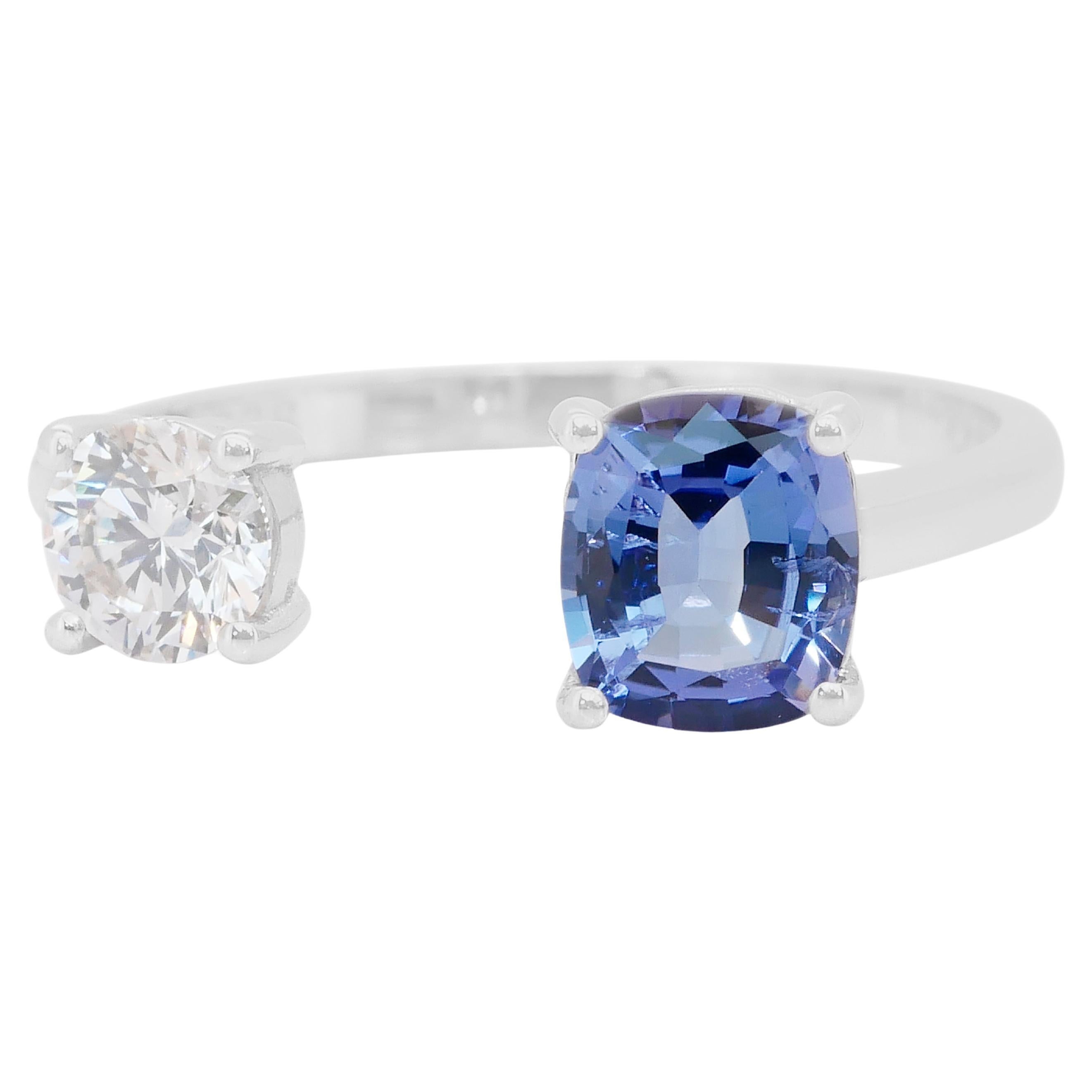 Elegante Anillo de 2 Piedras de Oro Blanco de 18 quilates con Tanzanita y Diamante de 1,46 quilates
