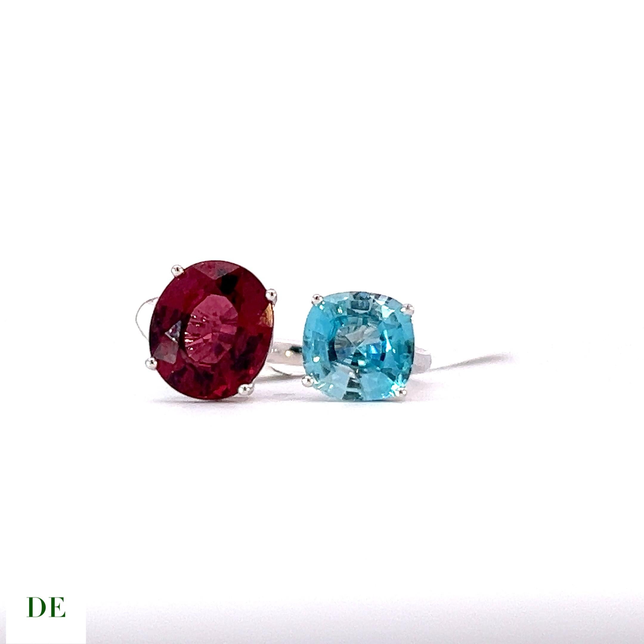 Women's or Men's Stylish 14k White Gold Toi Moi 2.6 ct Baby Blue Zircon with 3.8 ct Garnet Ring For Sale
