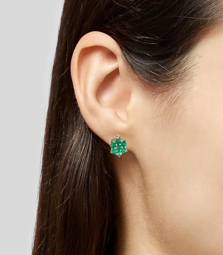 Round Cut Stylish 14K Yellow Gold Emerald and Diamond Earrings For Sale