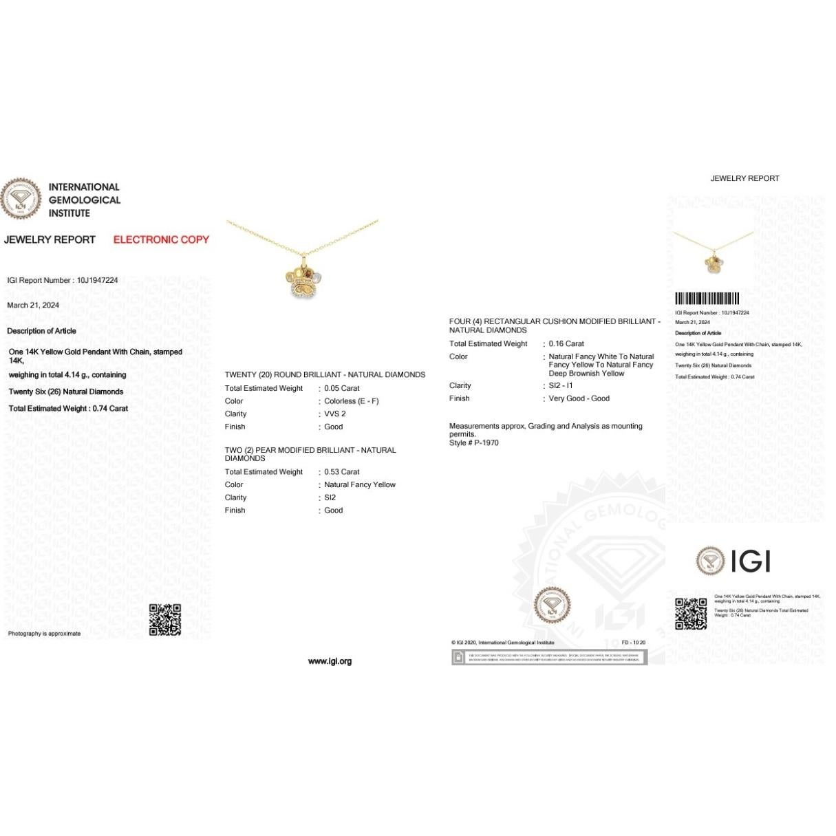 Stylish 14k Yellow Gold Natural Diamond Necklace w/0.74 ct - IGI Certified For Sale 1