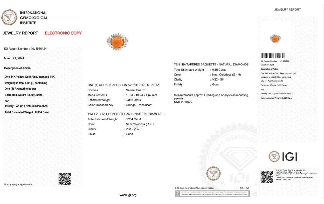 Stylish 14k Yellow Gold Quartz and Diamond Dome Ring w/4.404 ct - IGI Certified For Sale 1