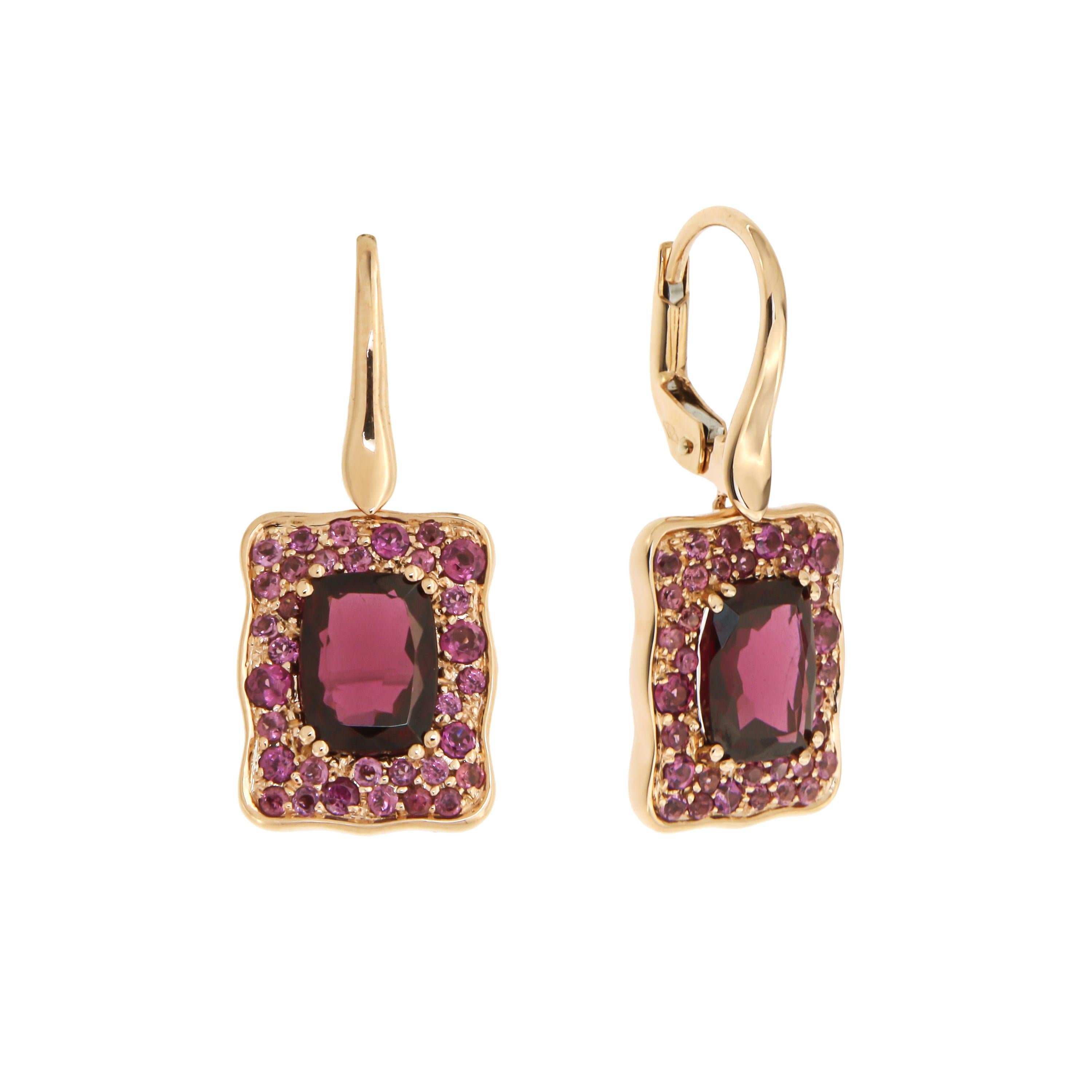 Stylish 18K Rhodolite Rose Gold Lever-Back Earrings for Her Made in Italy For Sale