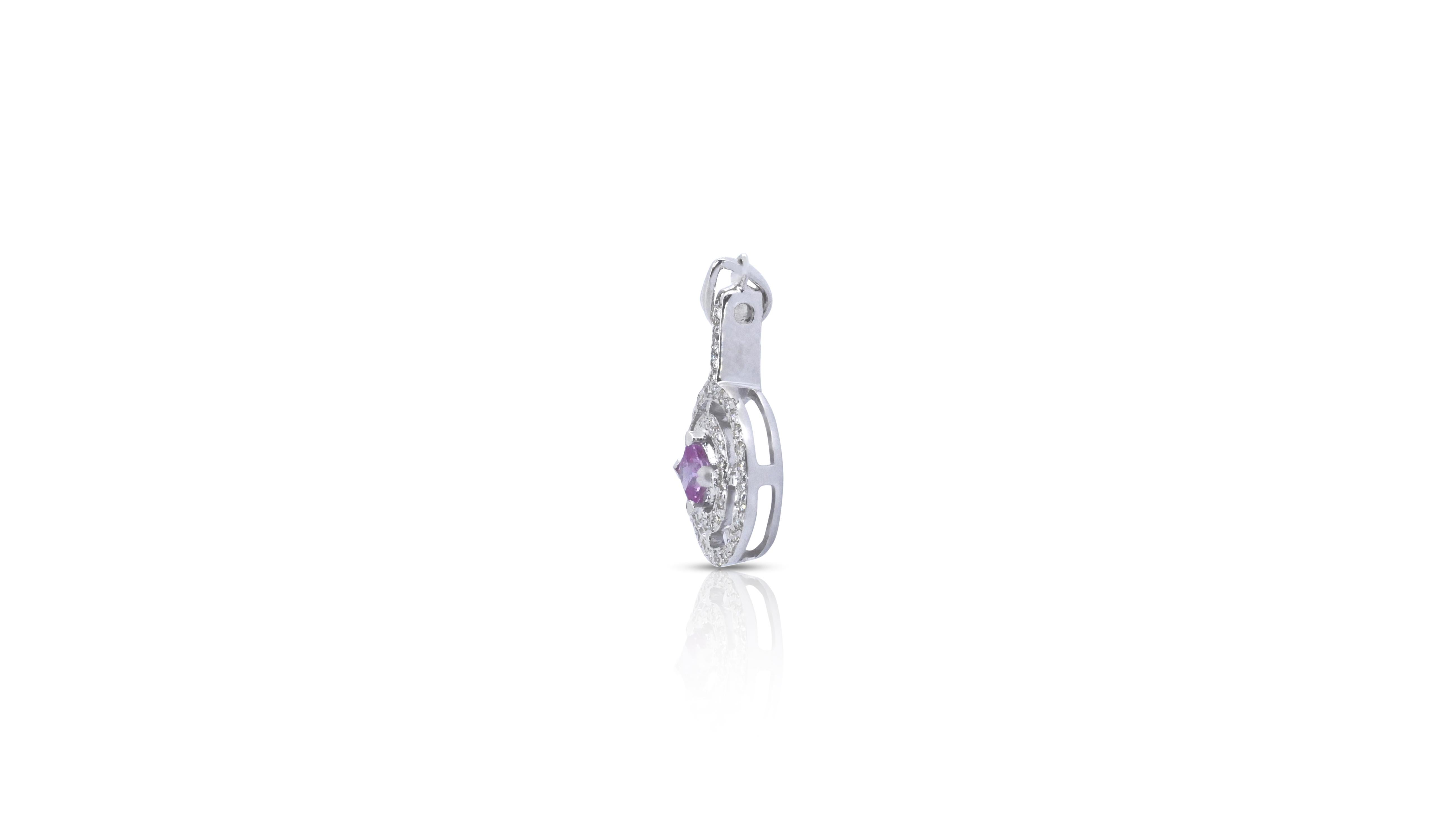 Women's Stylish 18k White Gold Halo Pendant with 0.26ct Natural Sapphire and Diamonds For Sale