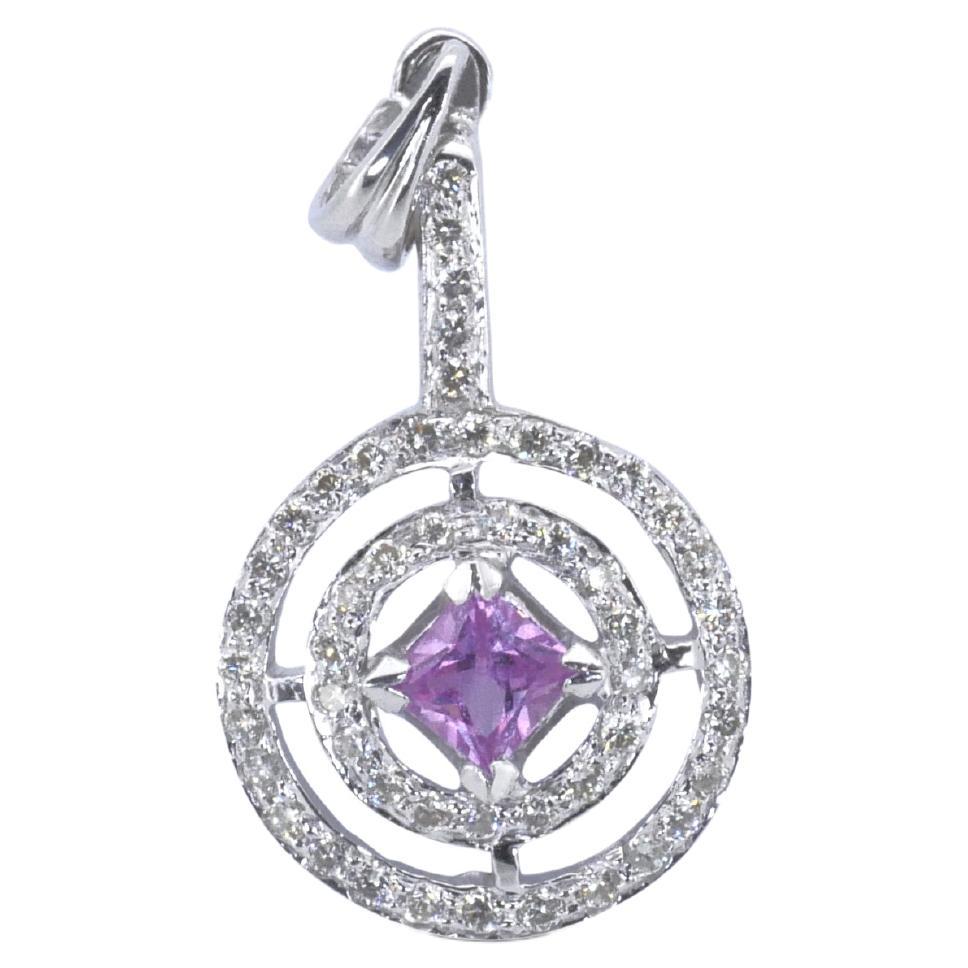 Stylish 18k White Gold Halo Pendant with 0.26ct Natural Sapphire and Diamonds For Sale