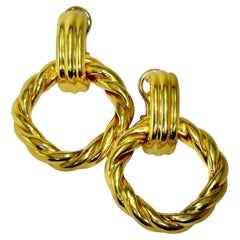 Stylish 18K Yellow Gold Dangle Earrings w/Fluted Tops & Twisted Gold Hoops