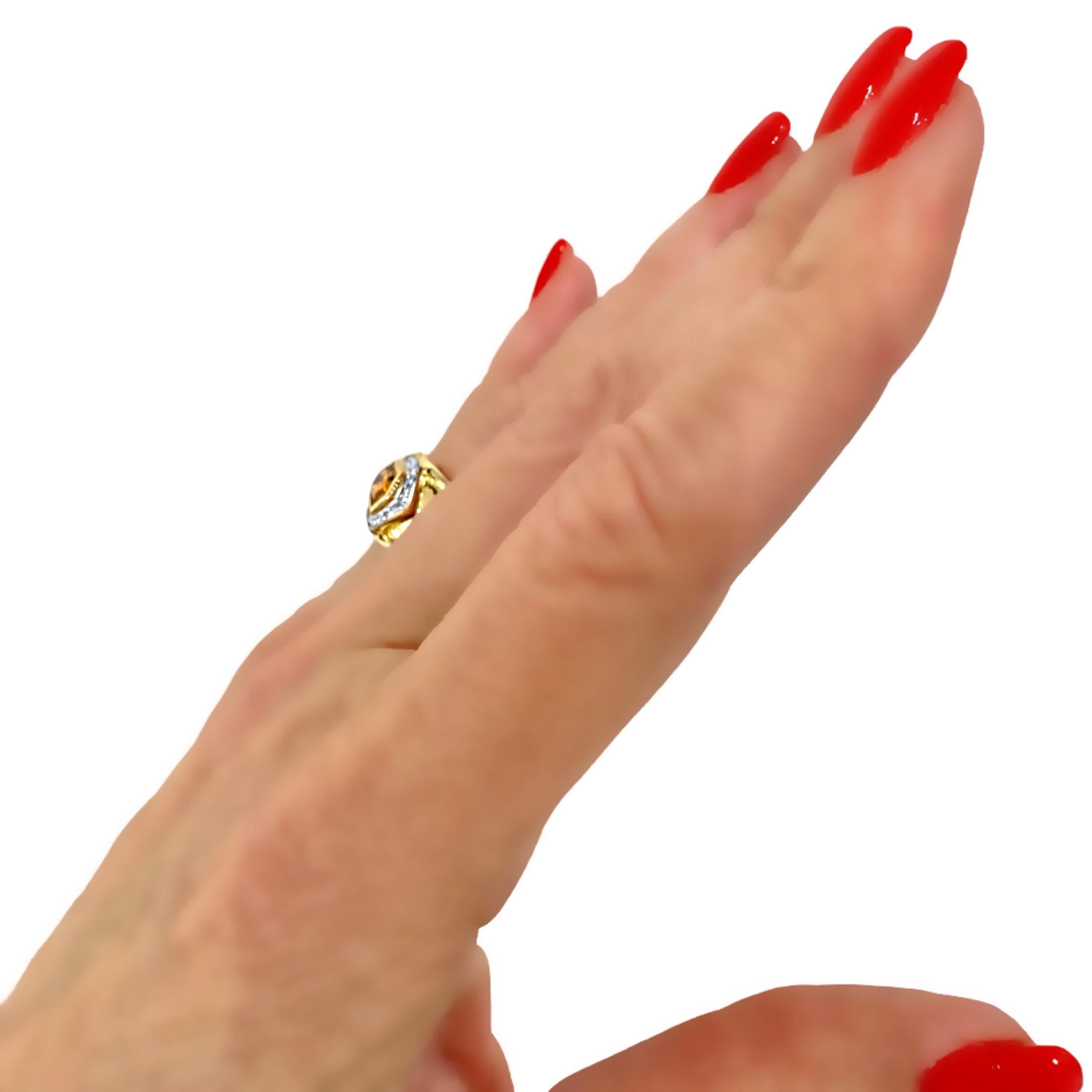 Stylish 18K Yellow Gold, Diamond and Hexagonal Golden Orange Sapphire Ring For Sale 5