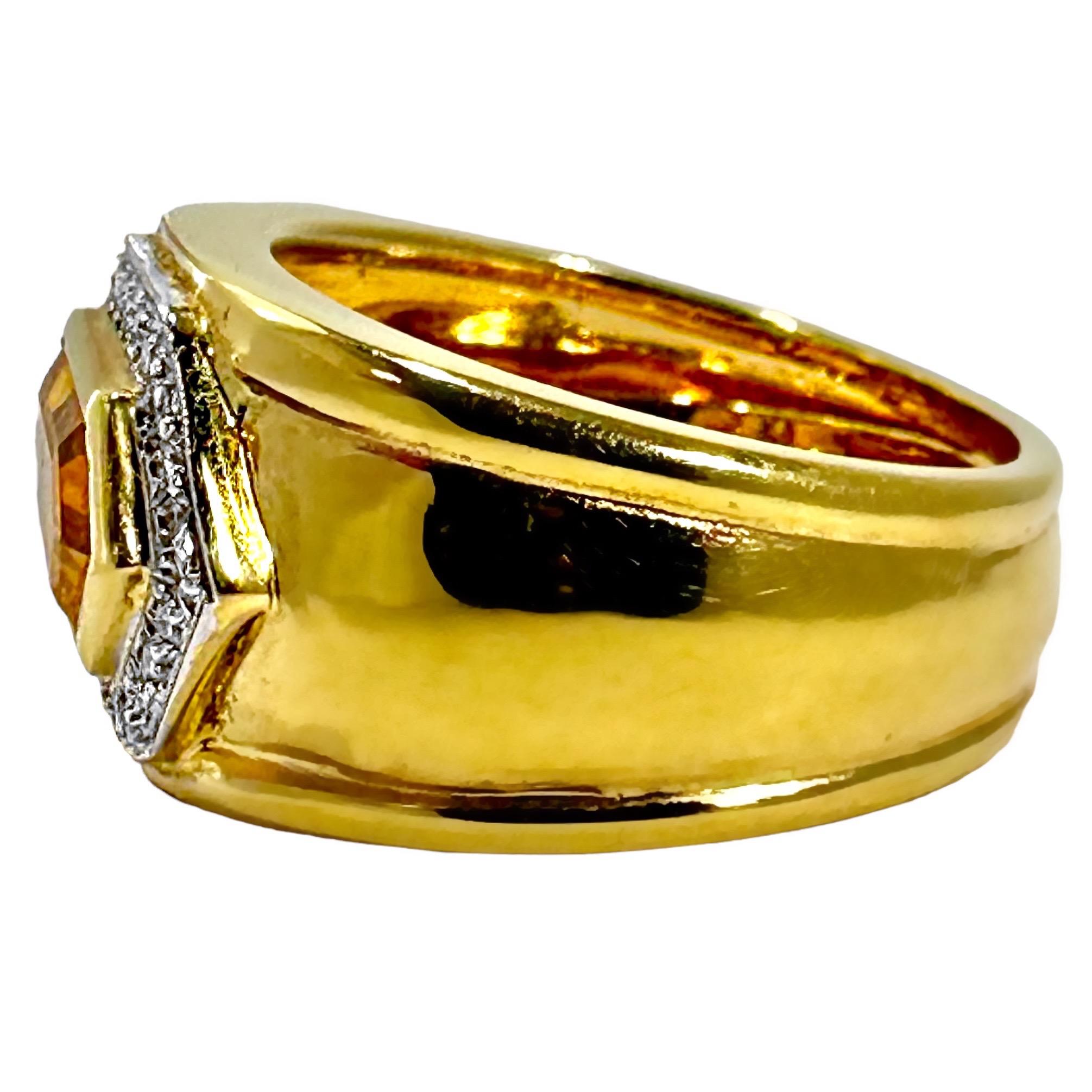 Modern Stylish 18K Yellow Gold, Diamond and Hexagonal Golden Orange Sapphire Ring For Sale
