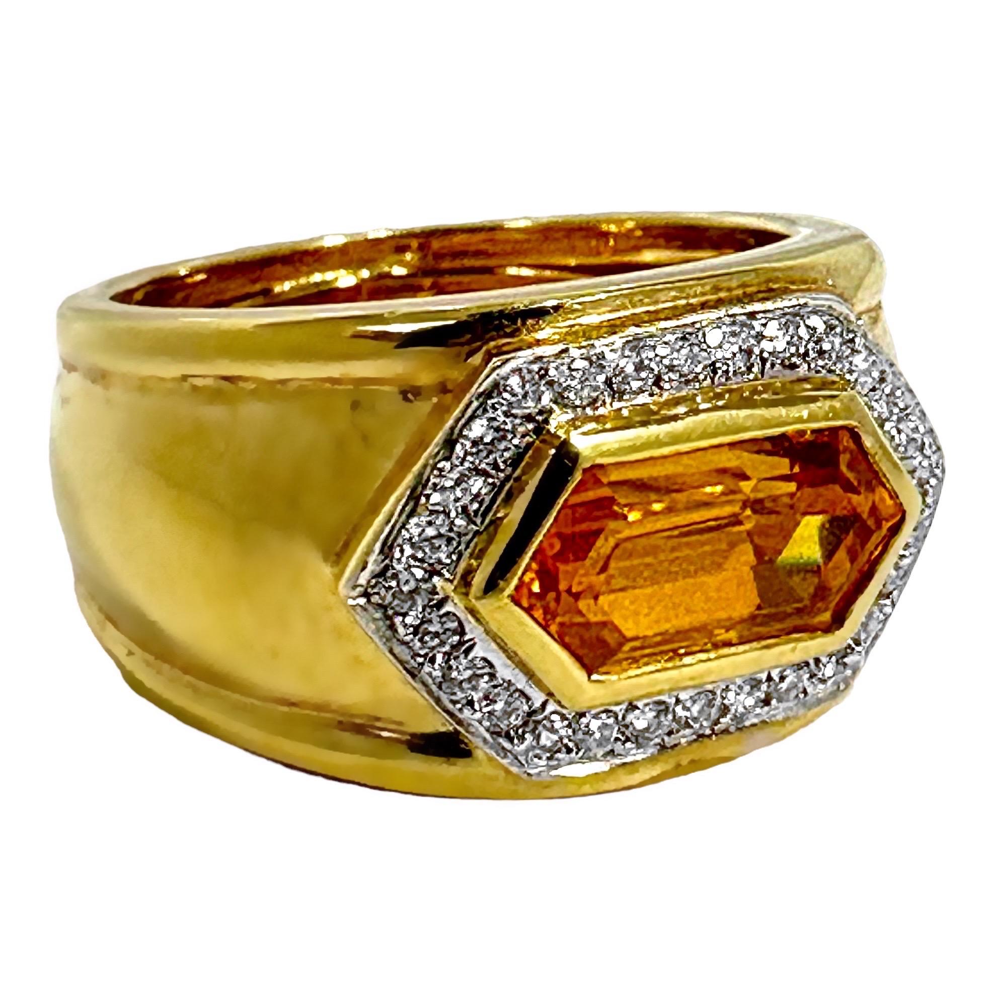 Women's Stylish 18K Yellow Gold, Diamond and Hexagonal Golden Orange Sapphire Ring For Sale
